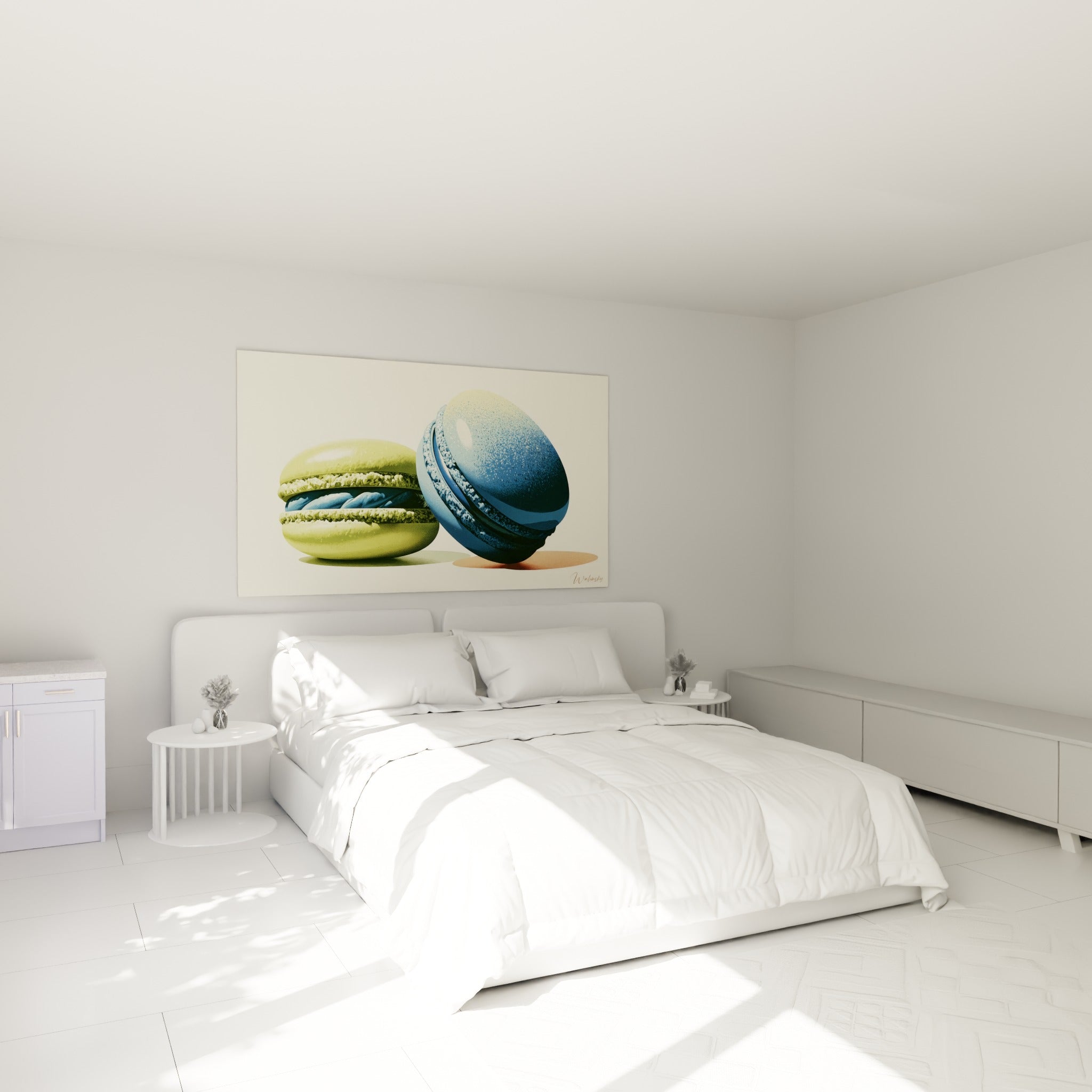 Deux macarons vert pastel et bleu profond au-dessus d'un lit dans une chambre claire