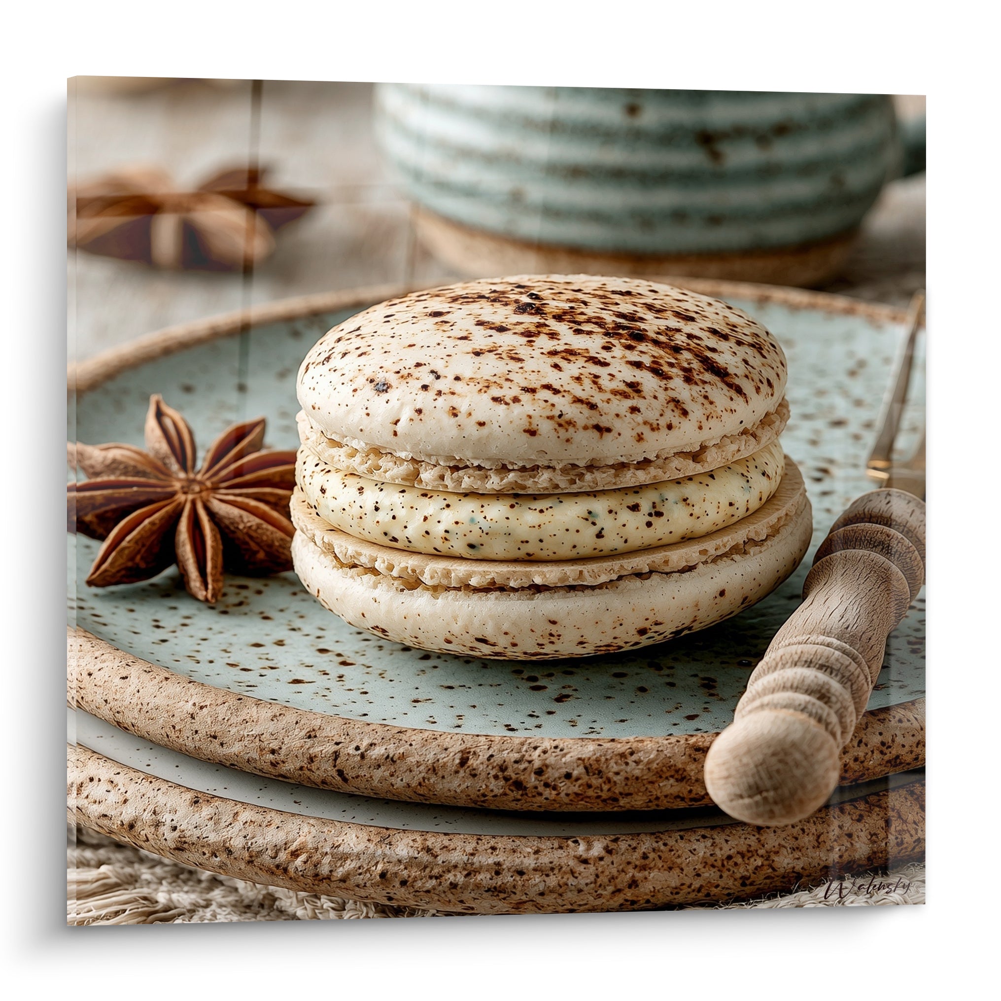 Macaron ivoire moucheté et badiane brune posés sur une assiette en céramique vert céladon