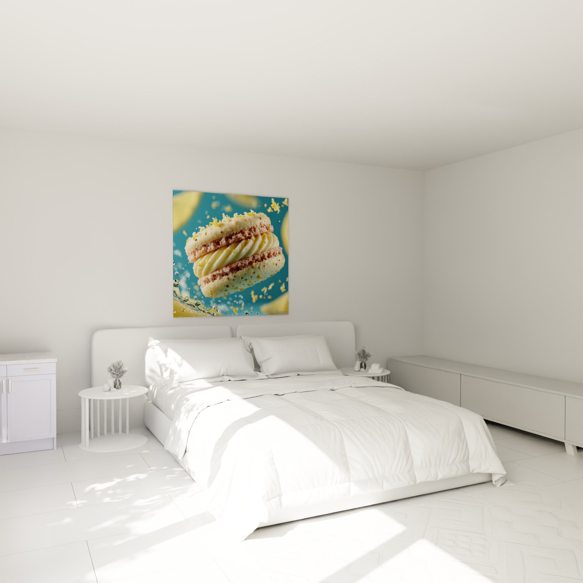 Pâtisserie dorée aux zestes de citron et crème rose accrochée au-dessus d'un lit dans une chambre claire