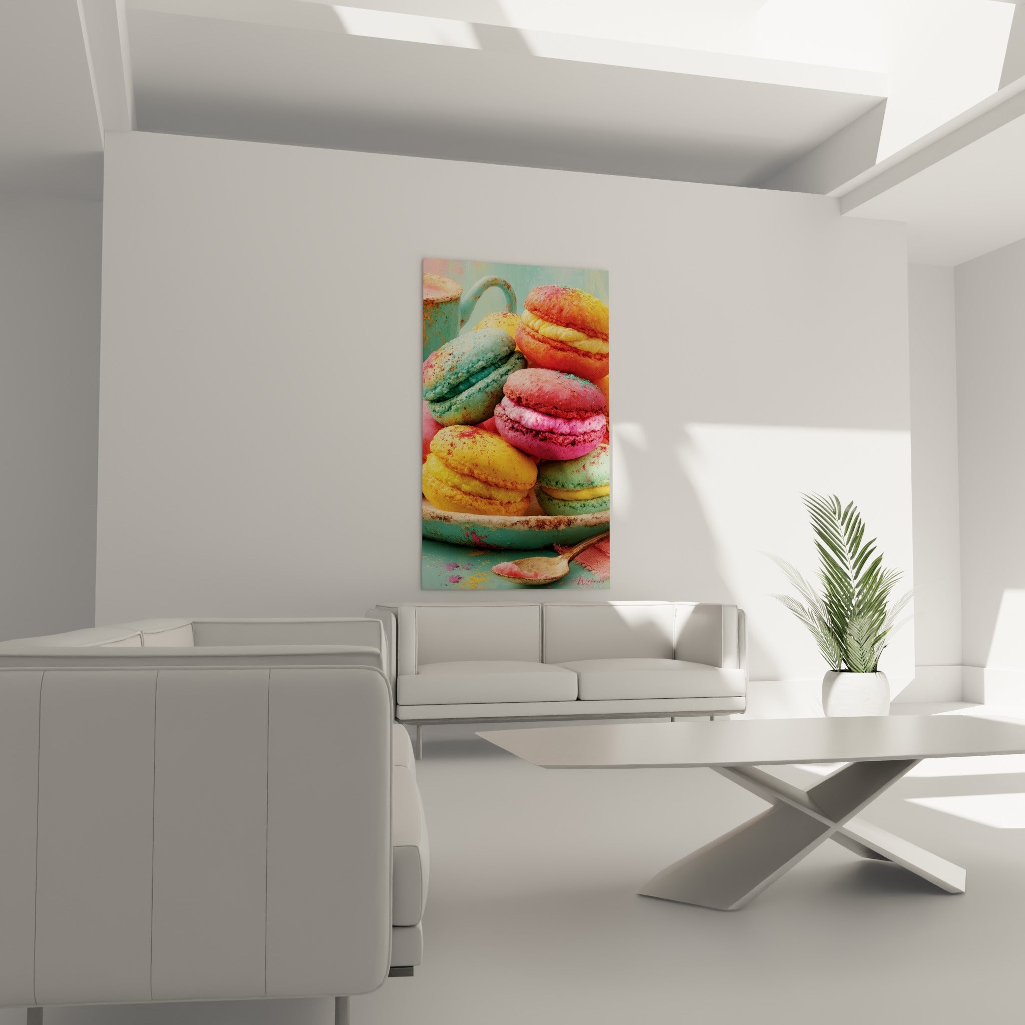 Macarons colorés jaune safran et rose empilés, présentés au-dessus d'un canapé dans un salon lumineux
