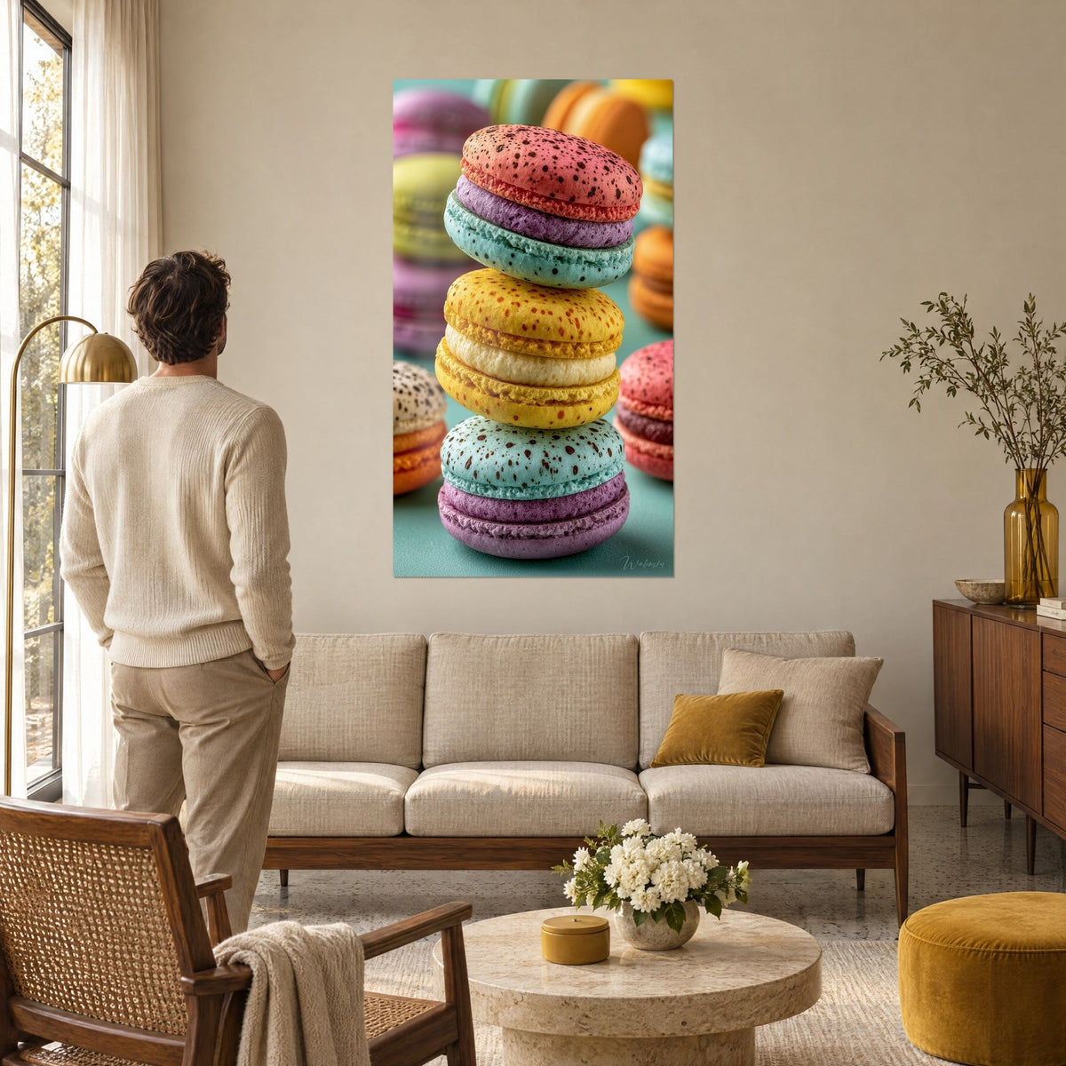 Tableau pile de macarons mouchetés corail, violet et turquoise, un homme de dos, au-dessus d'un canapé dans un salon lumineux