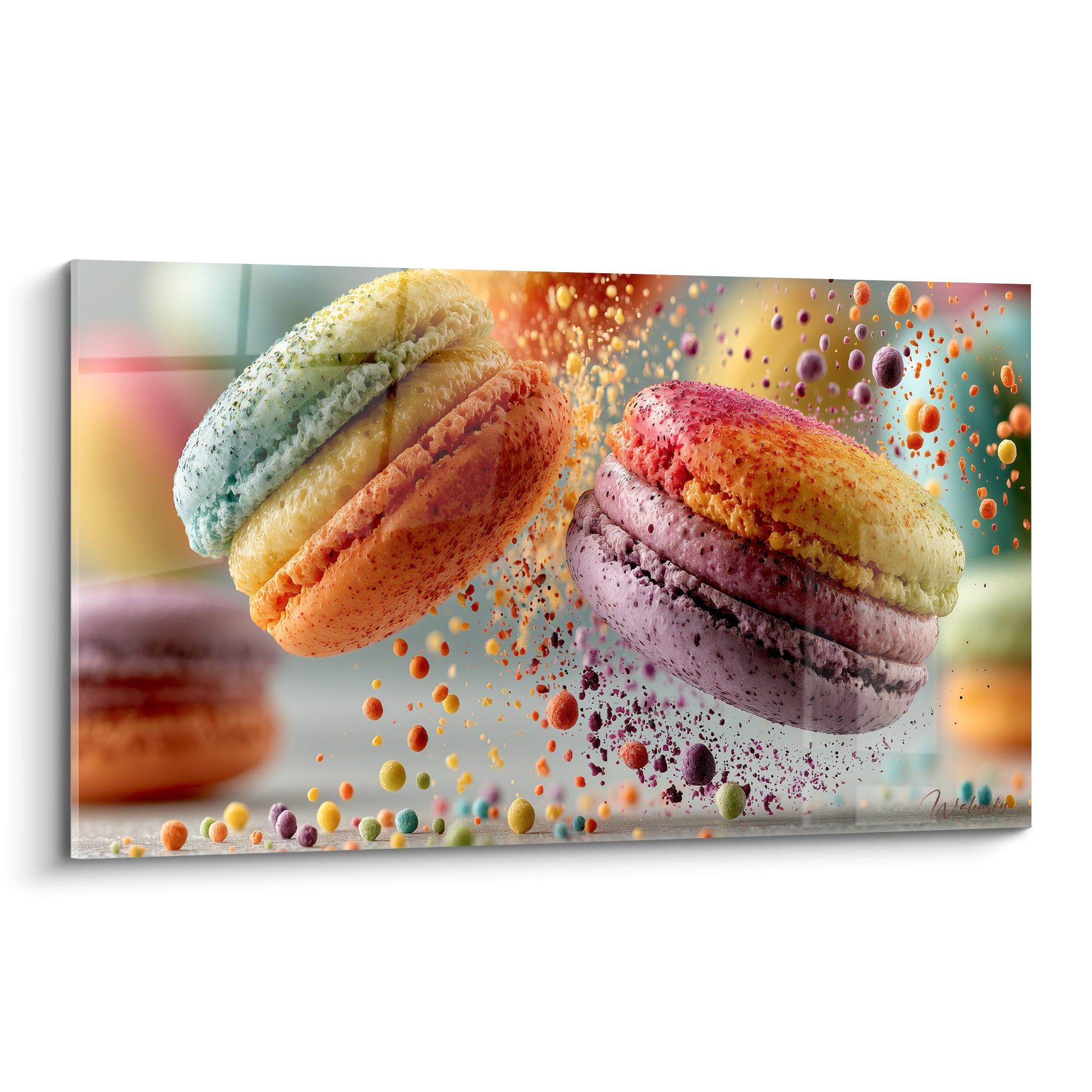 Macarons jaune pâle et violet profond en suspension, coques saupoudrées de poudre terracotta et rose