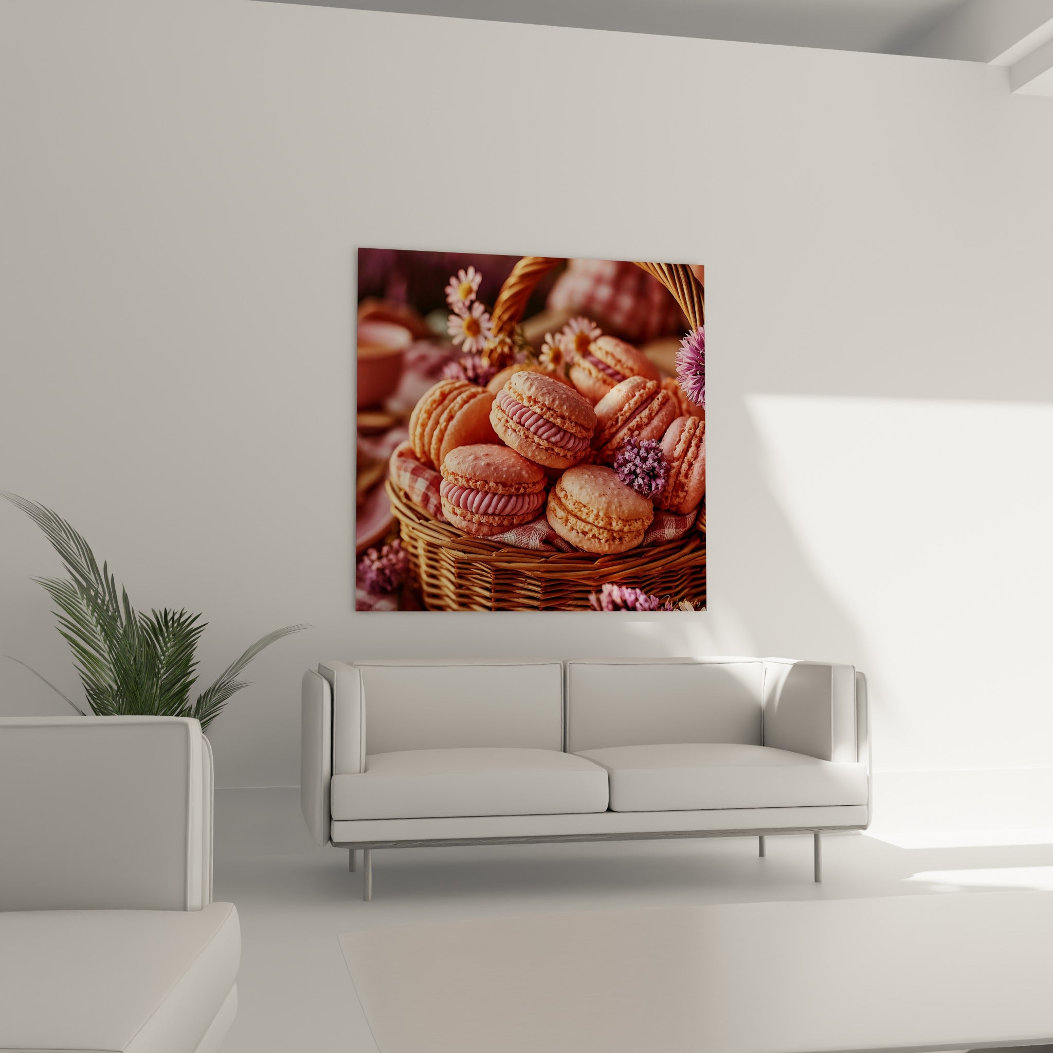 Macarons roses et fleurs de lilas mauve dans un panier d'osier, au-dessus d'un canapé dans un salon lumineux