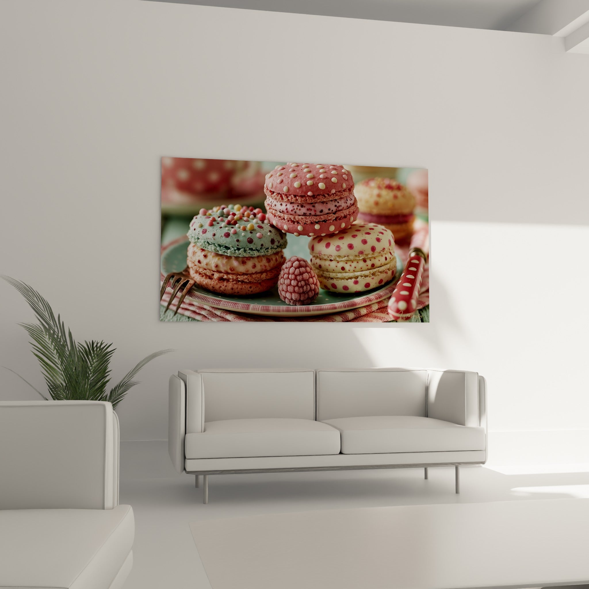 Composition de macarons pastel et framboise givrée, suspendue au-dessus d'un canapé dans un salon lumineux