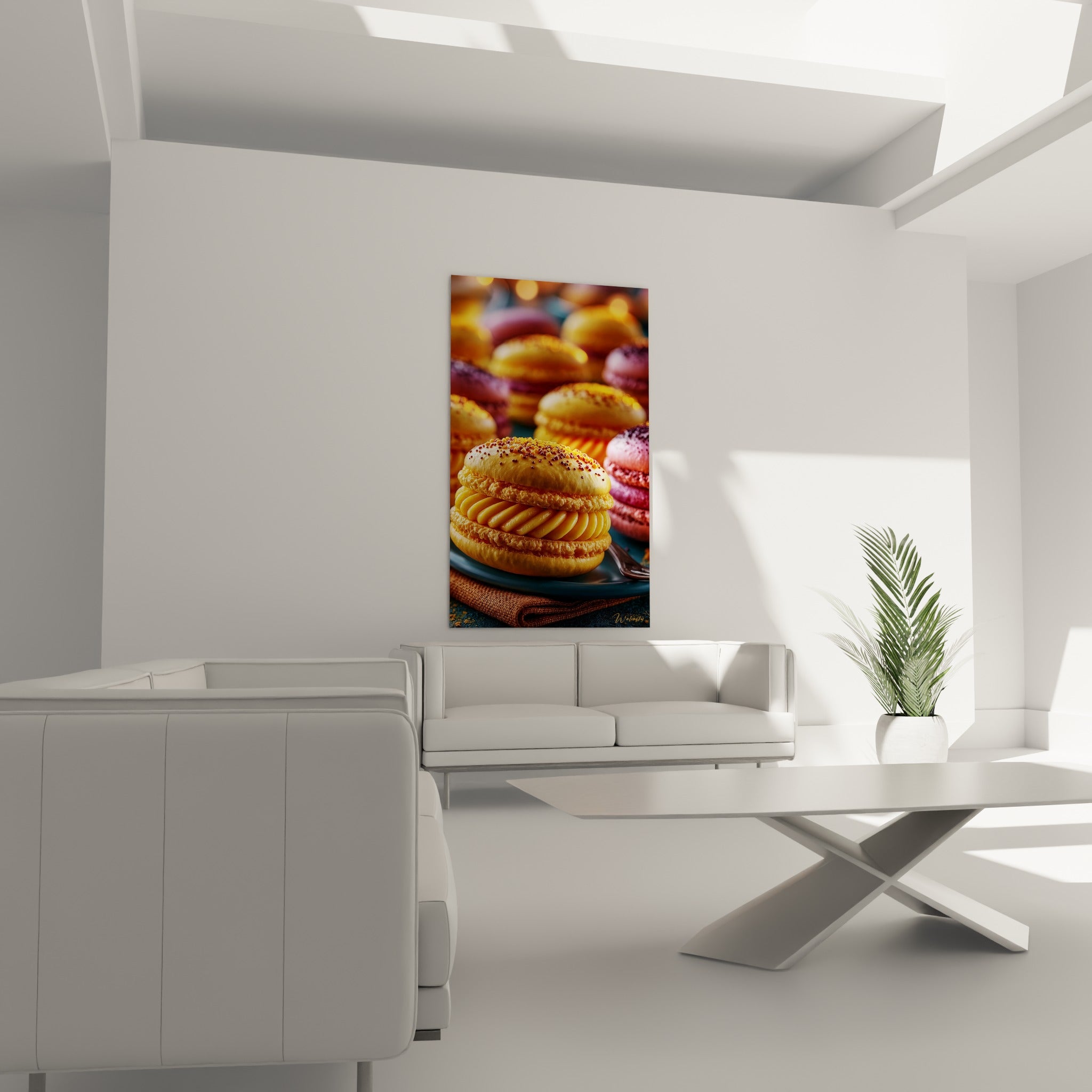 Crème jaune débordante sur macaron ocre, affichée au-dessus d'un canapé dans un salon lumineux