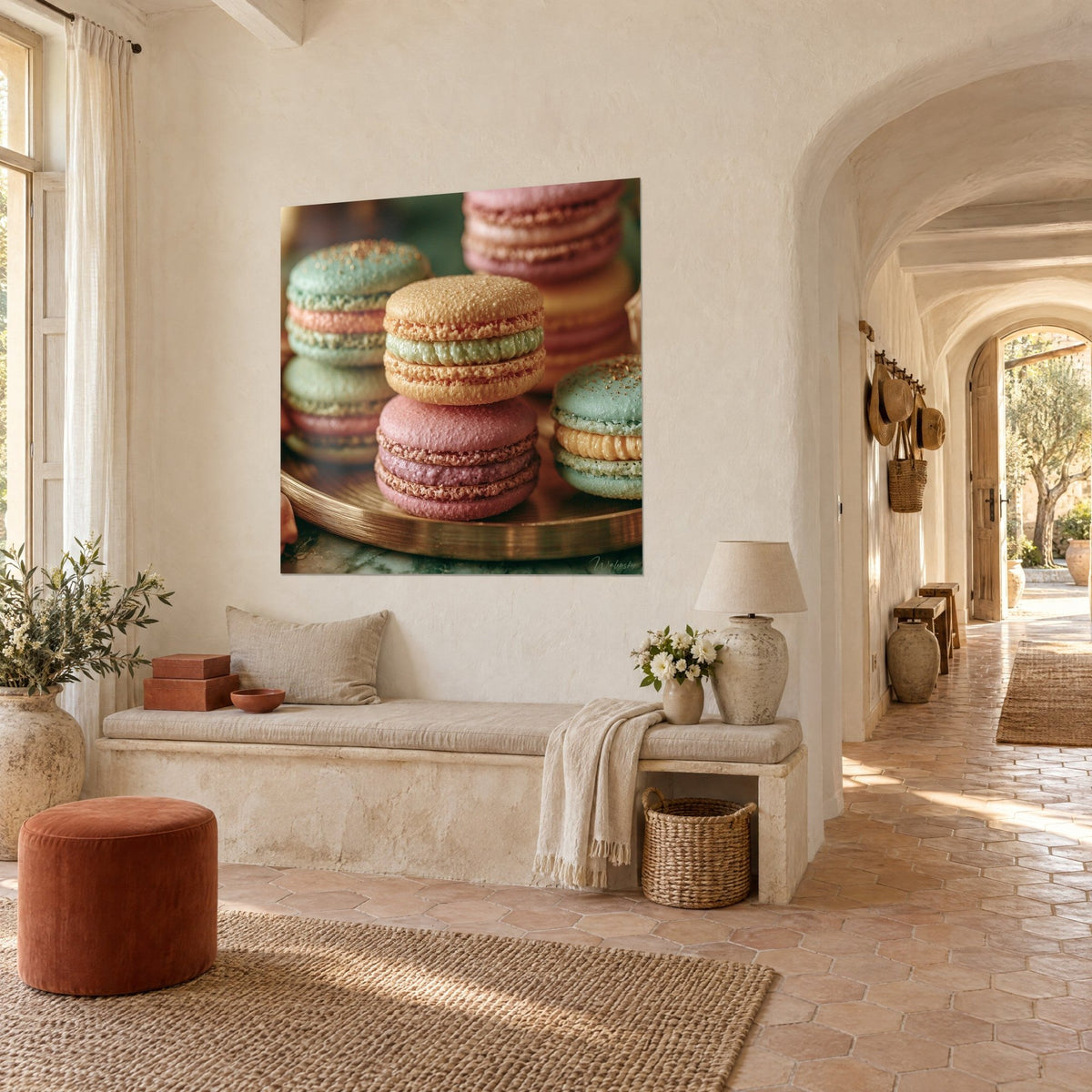 Tableau pâtisseries françaises superposées, crème pistache entre coques abricot et rose, mas provençal en vue de trois-quarts