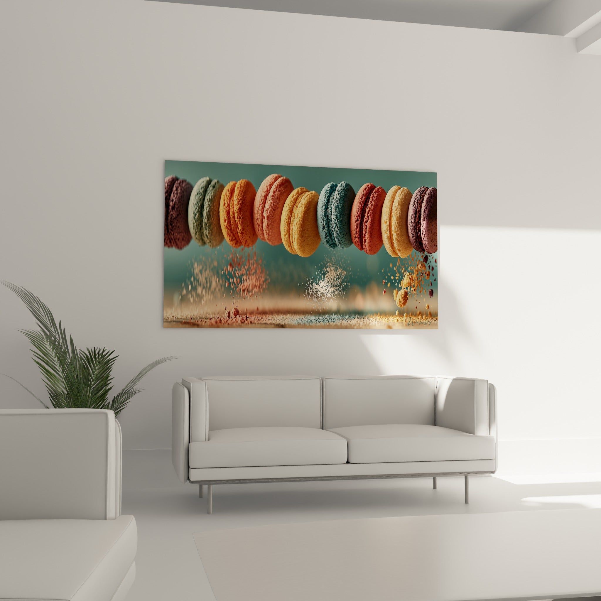 Macarons ocre et prune suspendus avec poudre sucrée au-dessus d'un canapé dans un salon lumineux