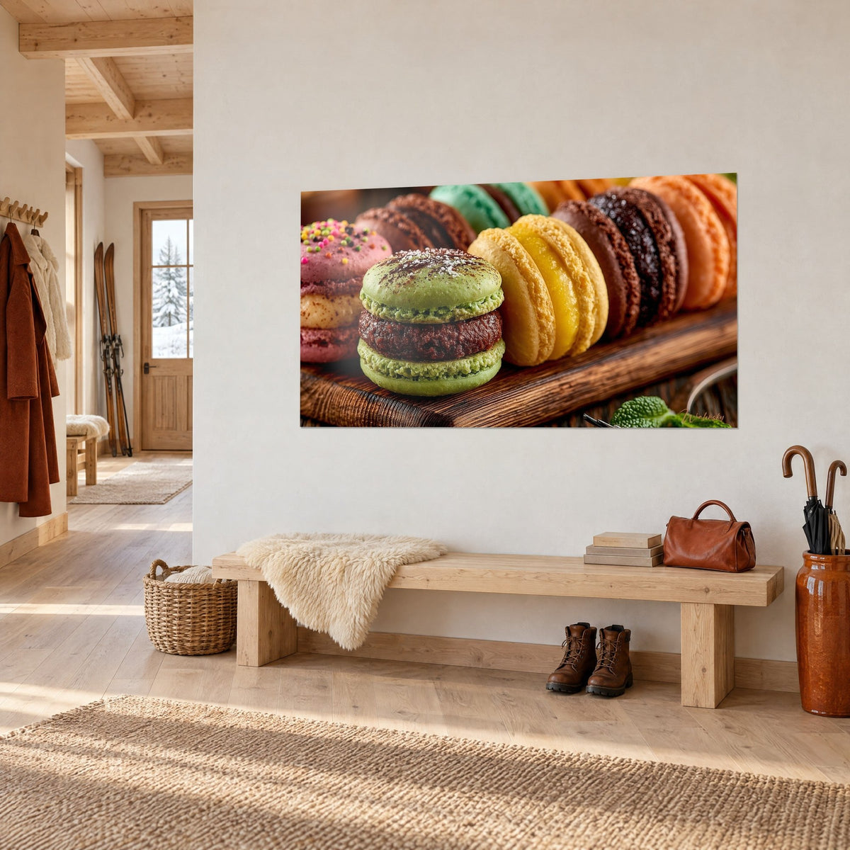 Tableau pâtisserie vert menthe saupoudrée de cacao devant des coques citron et chocolat, banc en bois clair et mur blanc d'un chalet