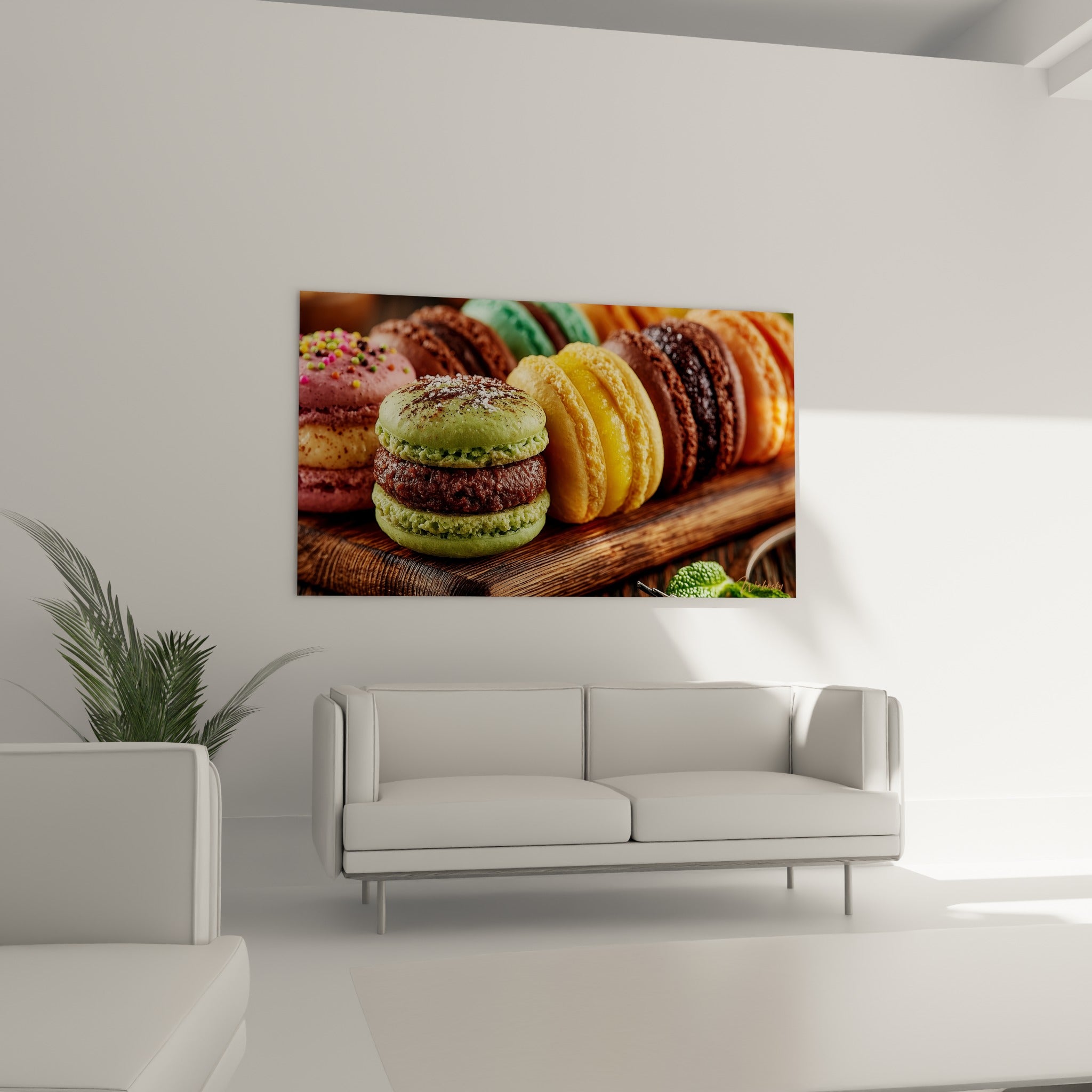 Rangée de macarons ocre et vert sauge disposée au-dessus d'un canapé dans un salon lumineux