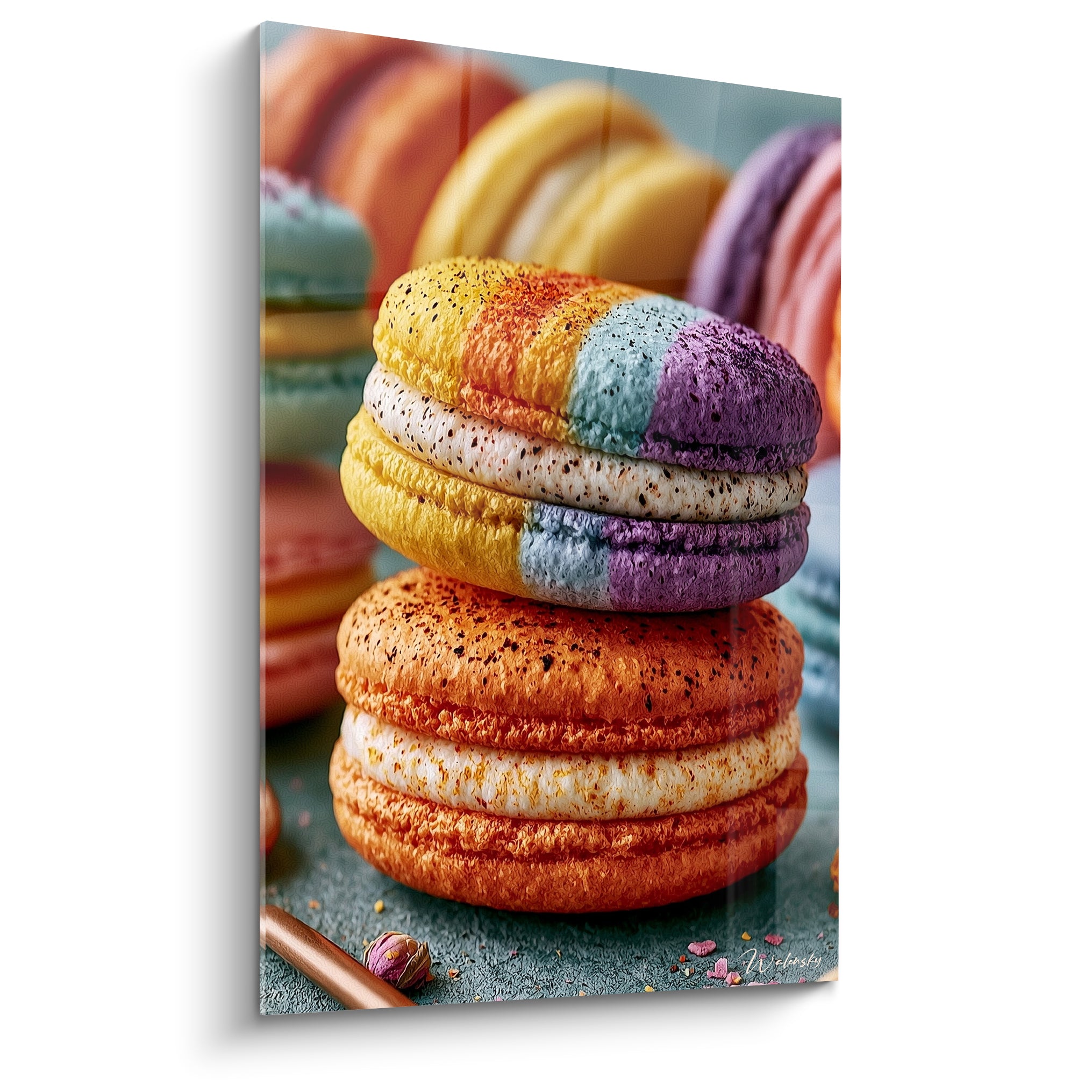 Macaron orange terracotta empilé sous un macaron violet et bleu pastel, texture granuleuse