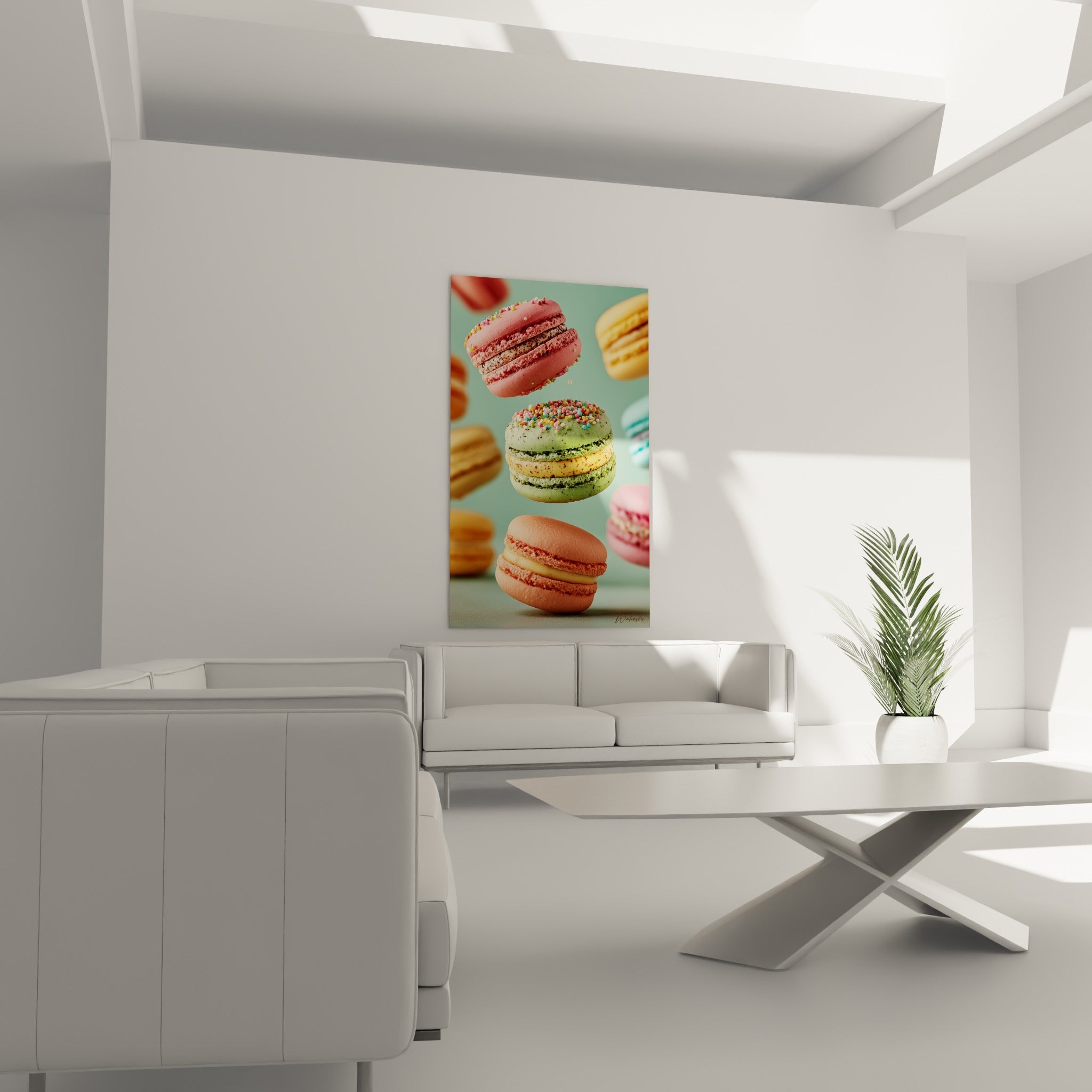 Trois macarons colorés flottants, rose et pistache, disposés au-dessus d'un canapé dans un salon lumineux