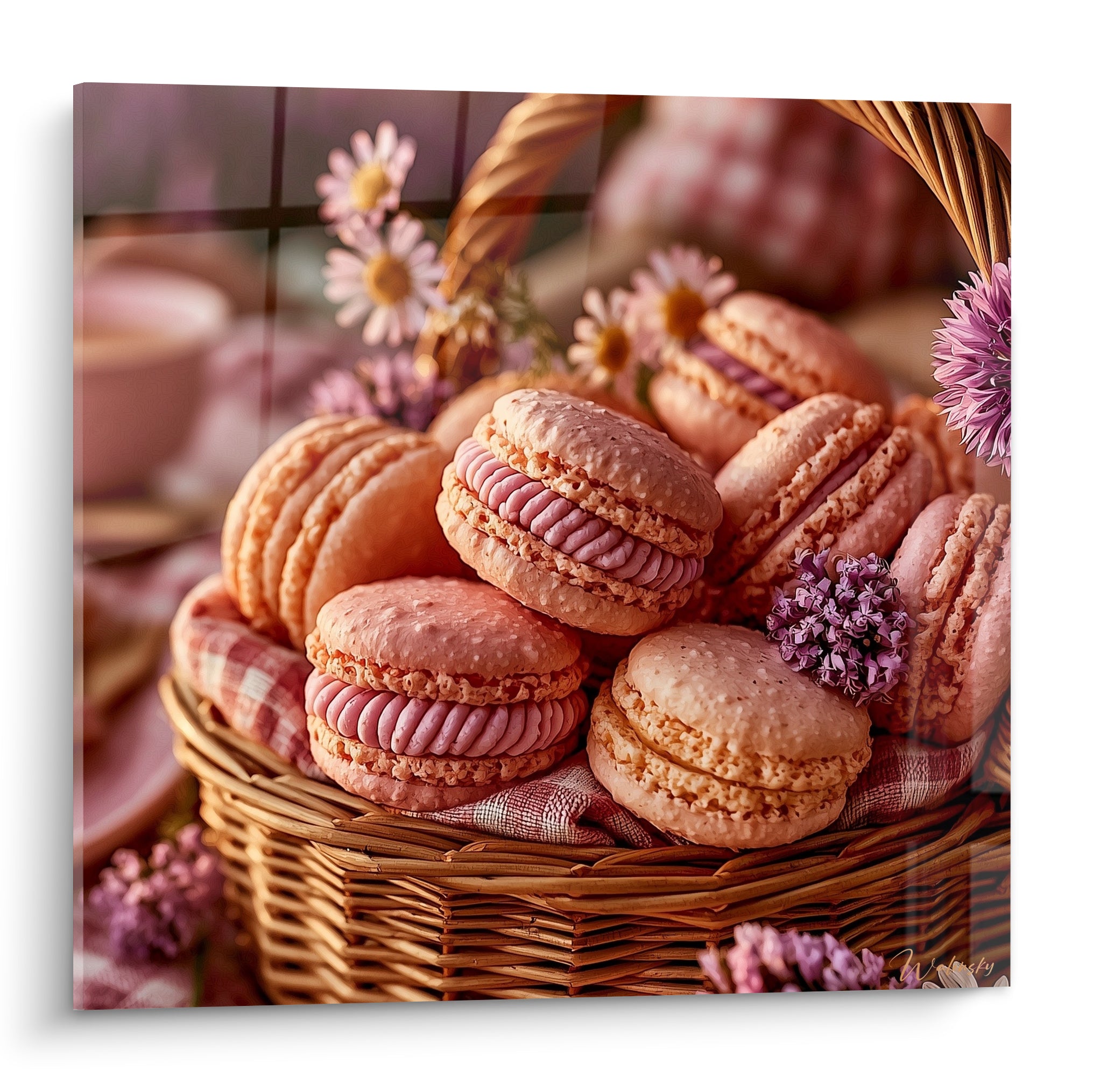 Macarons roses et pêche empilés dans un panier d'osier entouré de fleurs mauves lumineuses