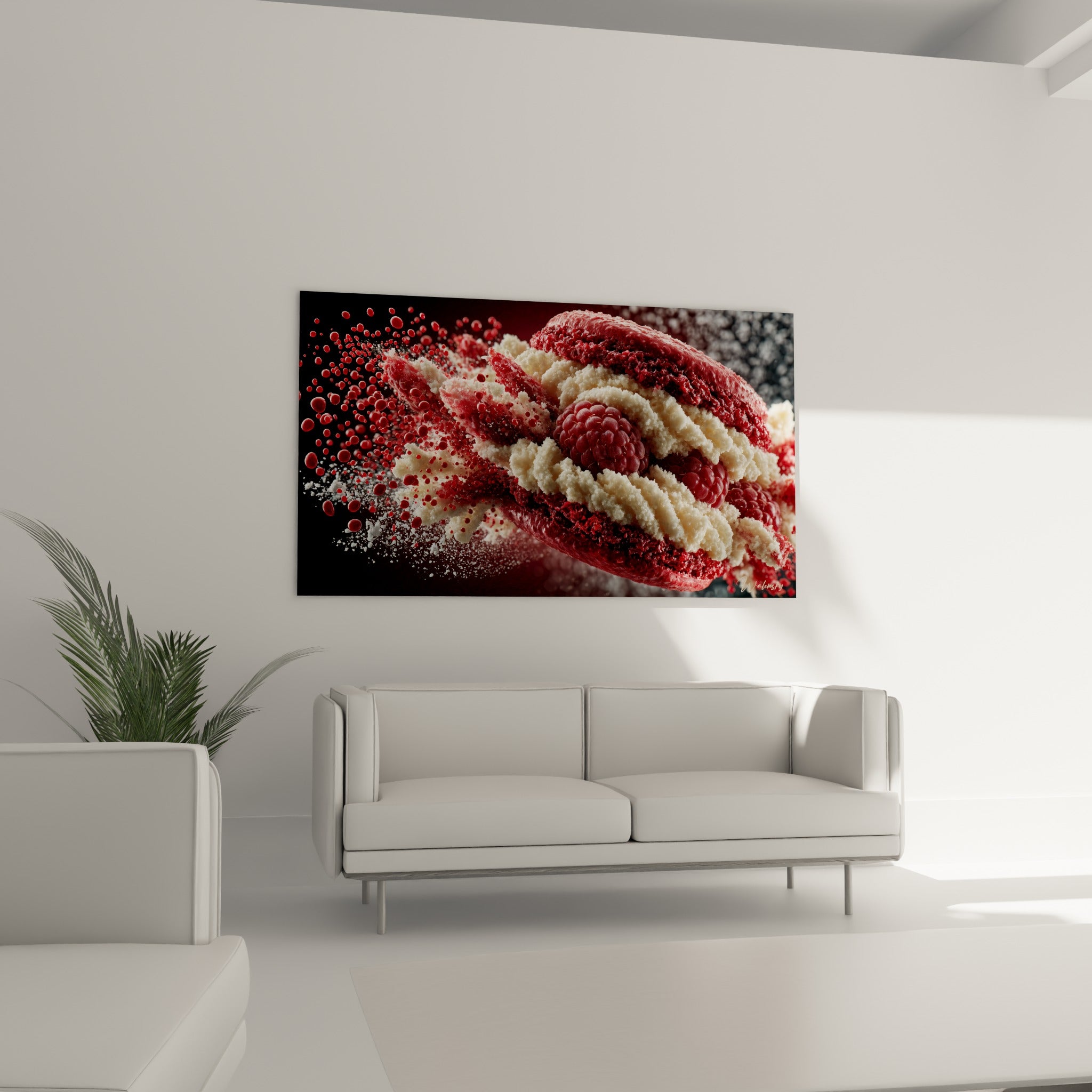 Garniture crème et coque framboise éclatée, présentée au-dessus d'un canapé dans un salon lumineux