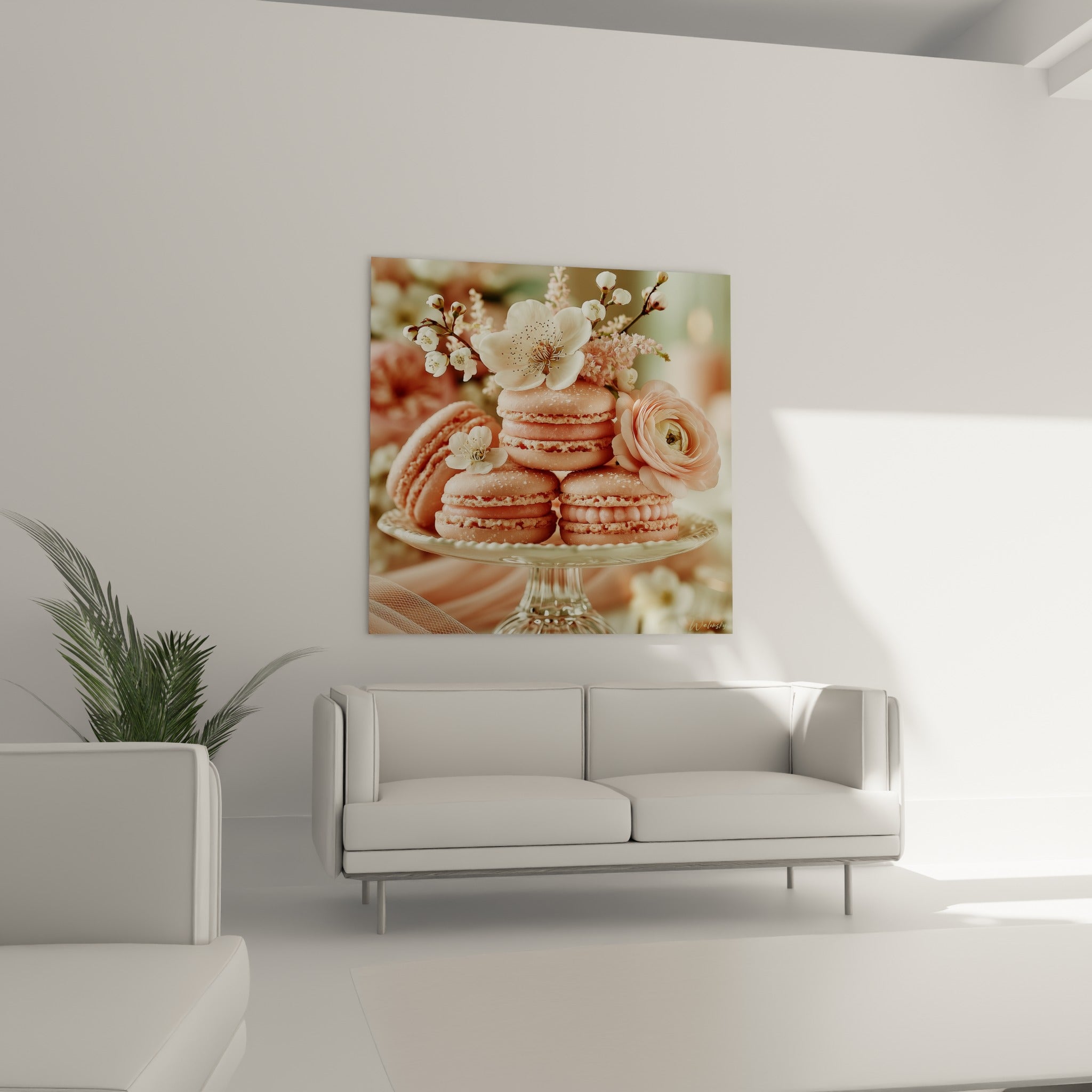 Macarons rose tendre et bouquet floral blanc sur présentoir, disposés au-dessus d'un canapé dans un salon lumineux