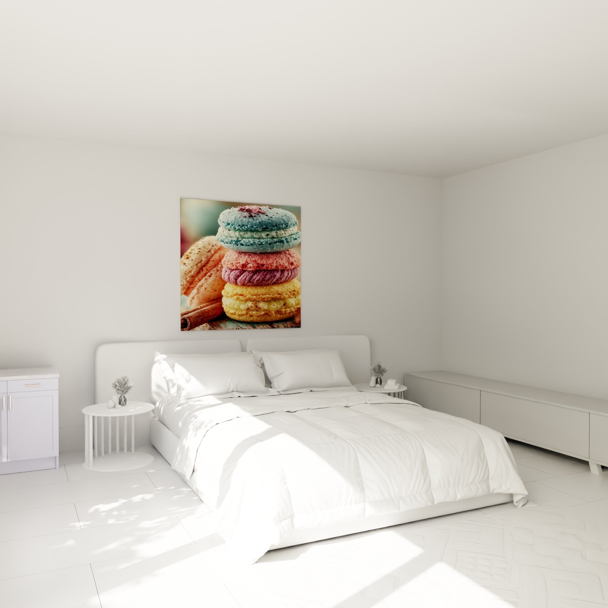 Macarons colorés bleu pastel et jaune miel accrochés au-dessus d'un lit dans une chambre claire