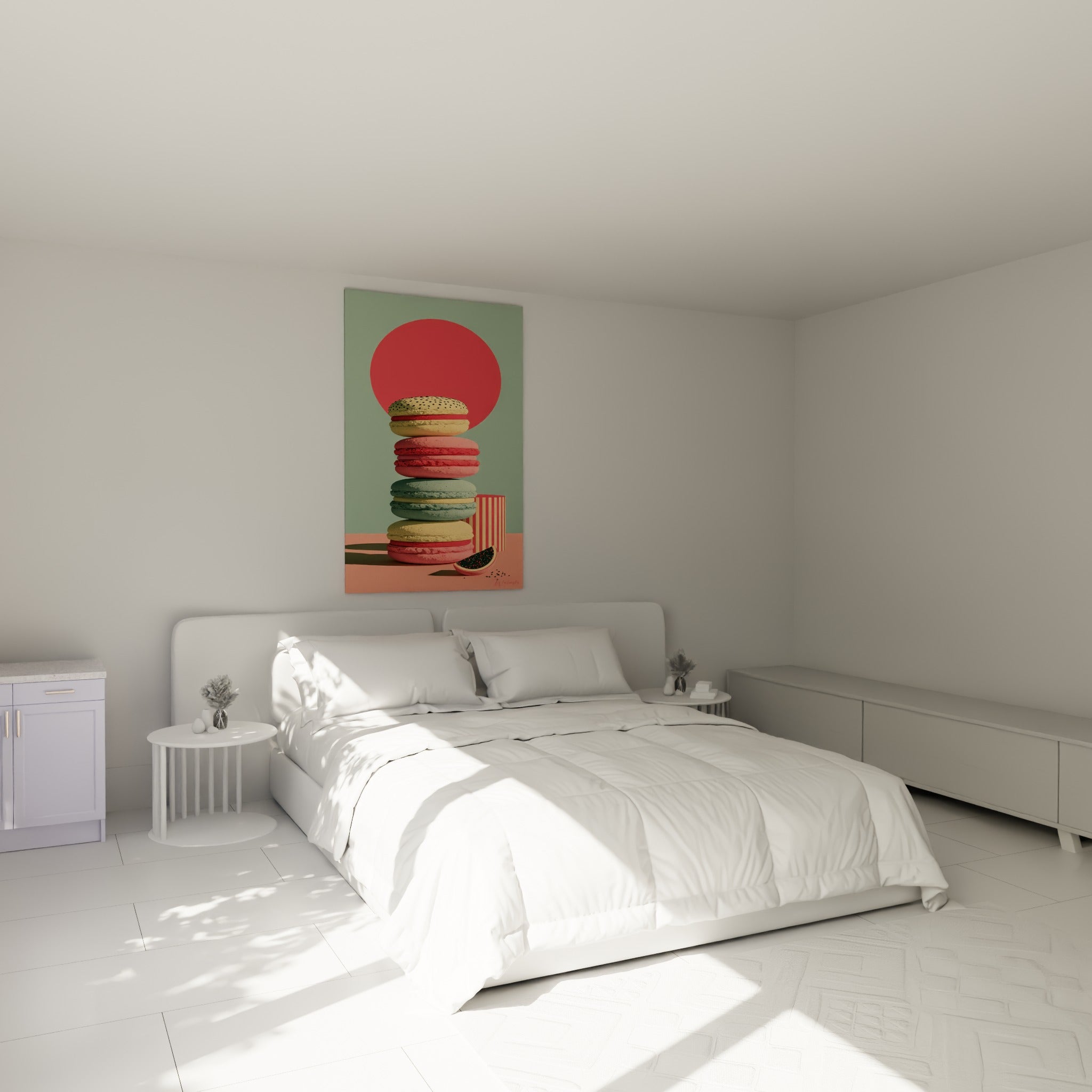 Empilement de macarons roses et verts au-dessus d'un lit dans une chambre claire