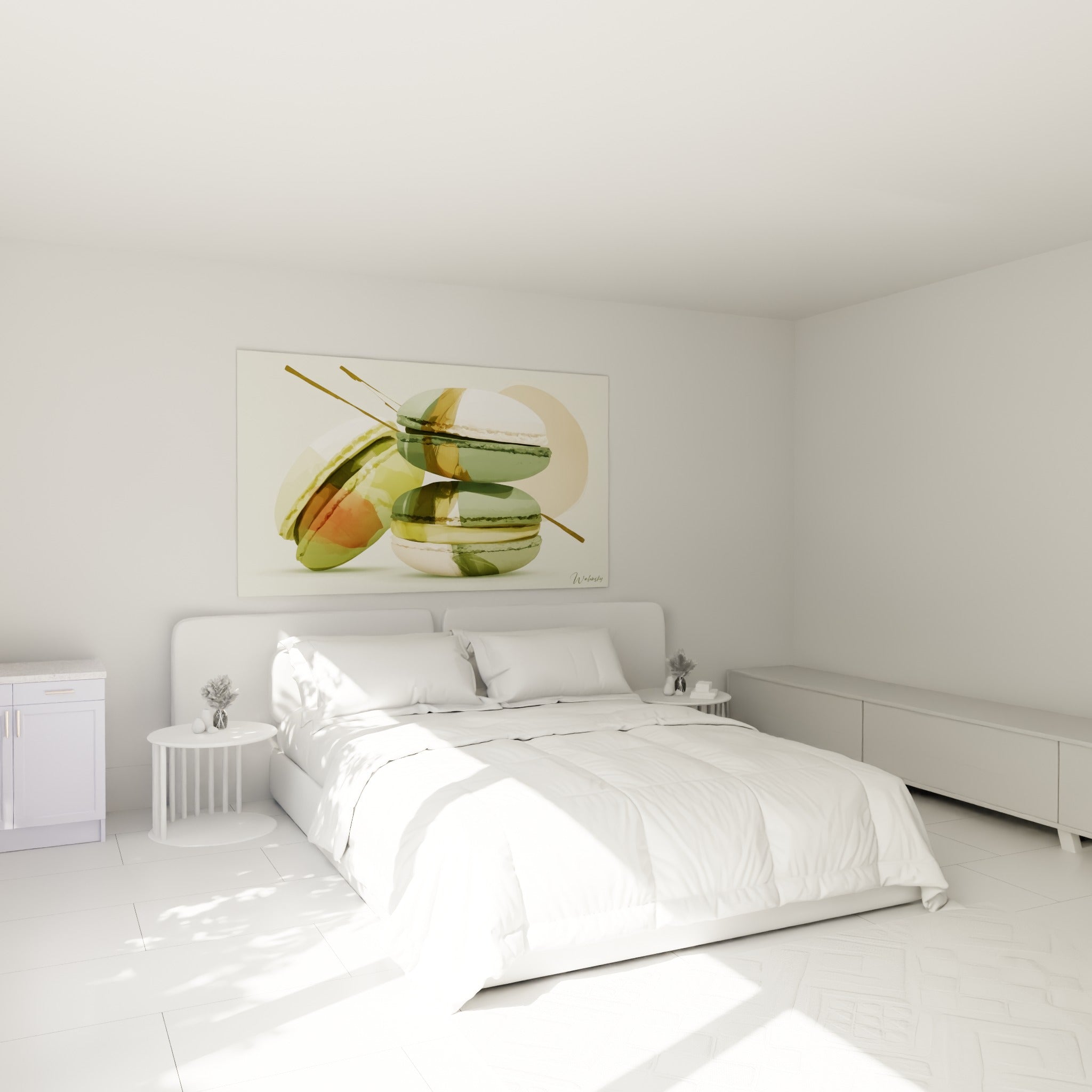 Composition de macarons vert sauge et rosé pâle au-dessus d'un lit dans une chambre claire