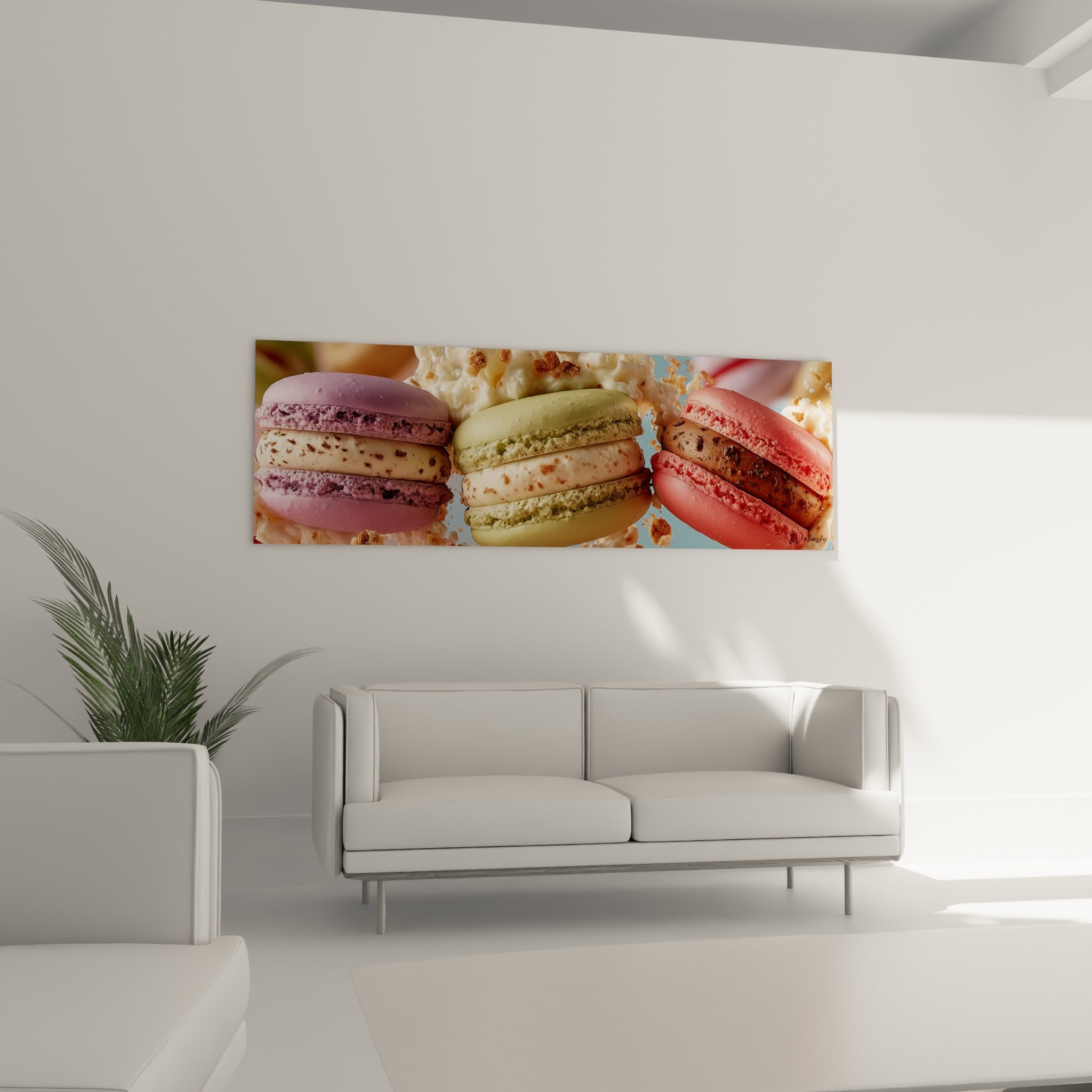 Macarons pastel violet et corail garnis de crème au-dessus d'un canapé dans un salon lumineux