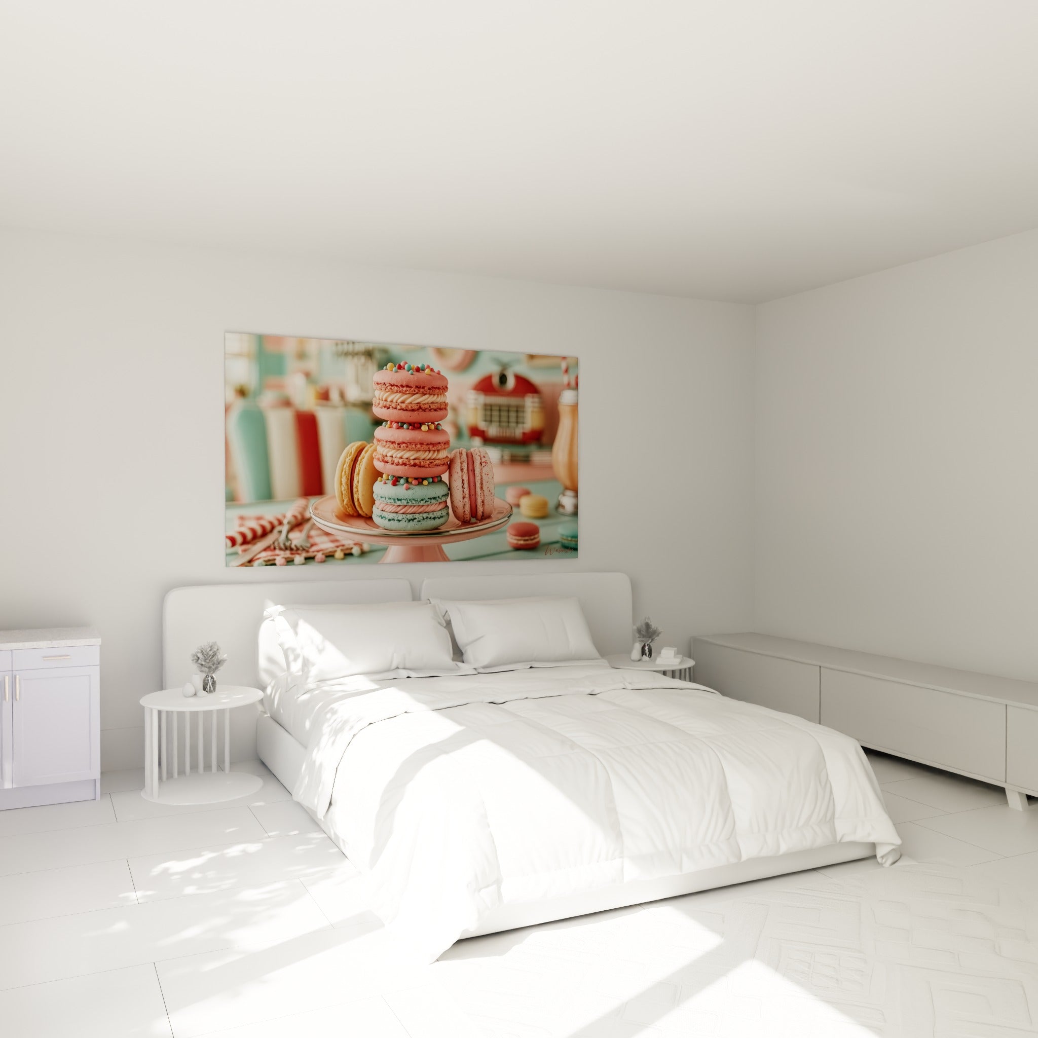 Macarons roses et turquoise empilés, tableau accroché au-dessus d'un lit dans une chambre claire