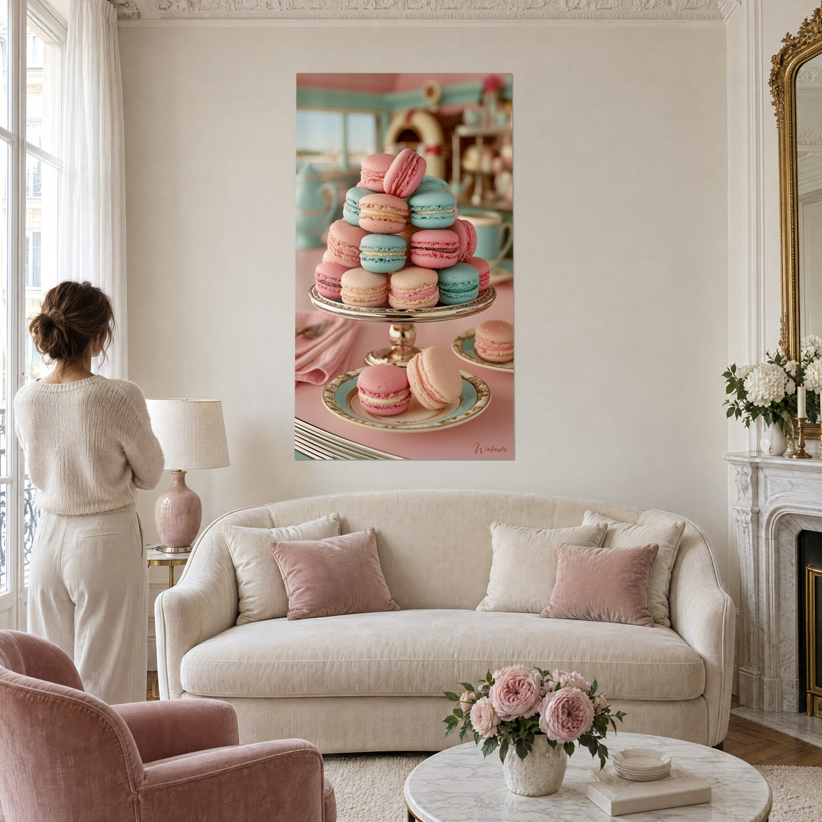 Πίνακας με πυραμίδα από ροζ και τυρκουάζ macarons σε χρυσή βάση παρουσίασης, κρεμασμένος πάνω από καναπέ σε φωτεινό σαλόνι