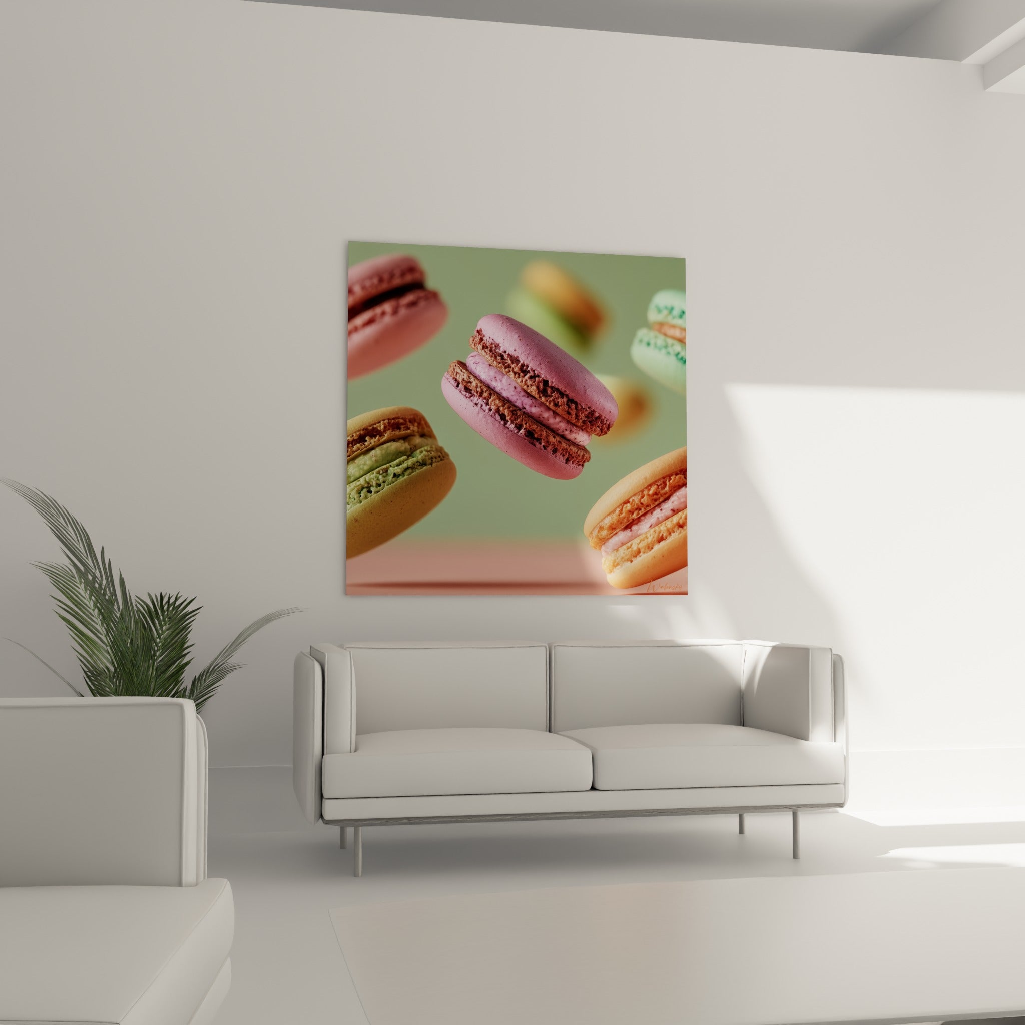 Macarons pêche et vert flottant avec garniture crémeuse, au-dessus d'un canapé dans un salon lumineux
