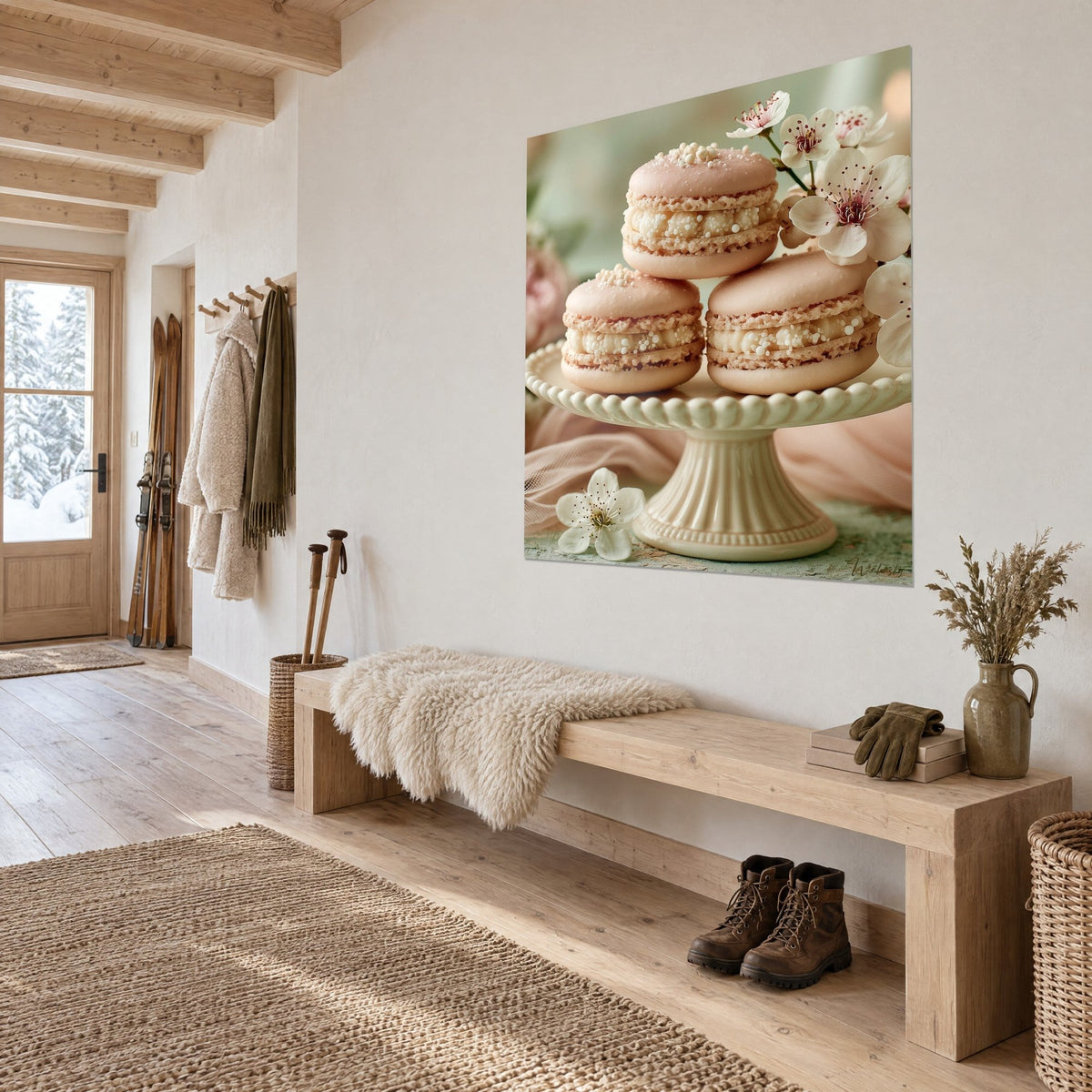 Tableau trois pâtisseries rosées aux perles de sucre blanches, support crème et branche fleurie, sur un mur de chalet clair