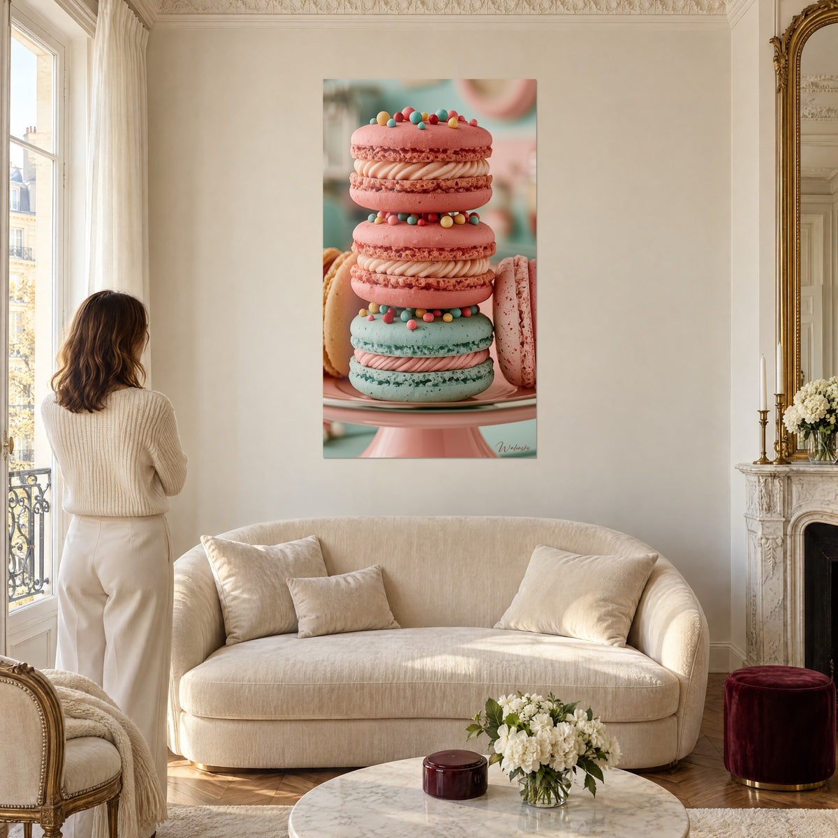 Cuadro de macarons rosas apilados, crema torcida beige y perlas multicolor, mujer de espaldas sobre un sofá en un salón luminoso