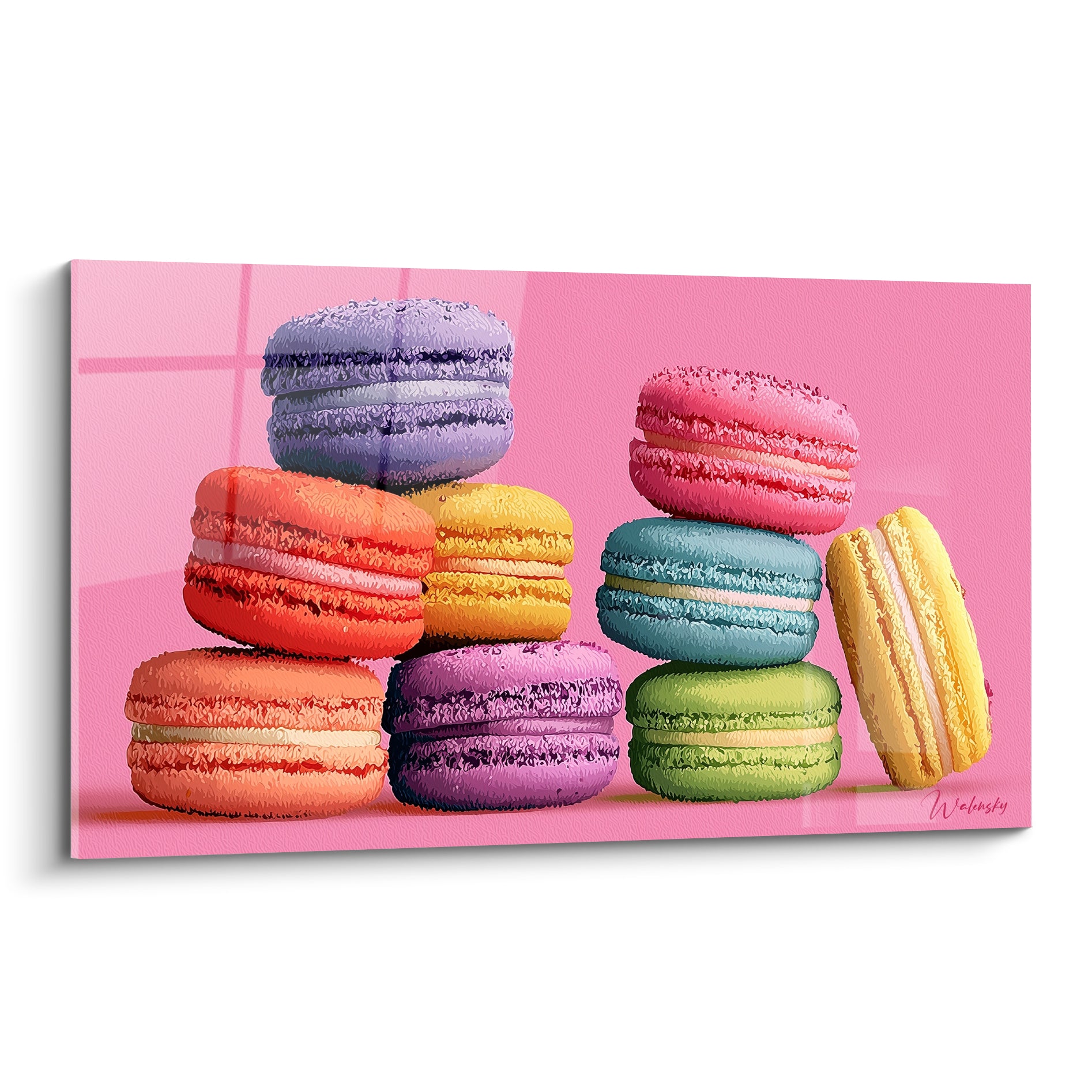 Macarons empilés en violet, orange, jaune et turquoise sur fond rose bonbon éclatant