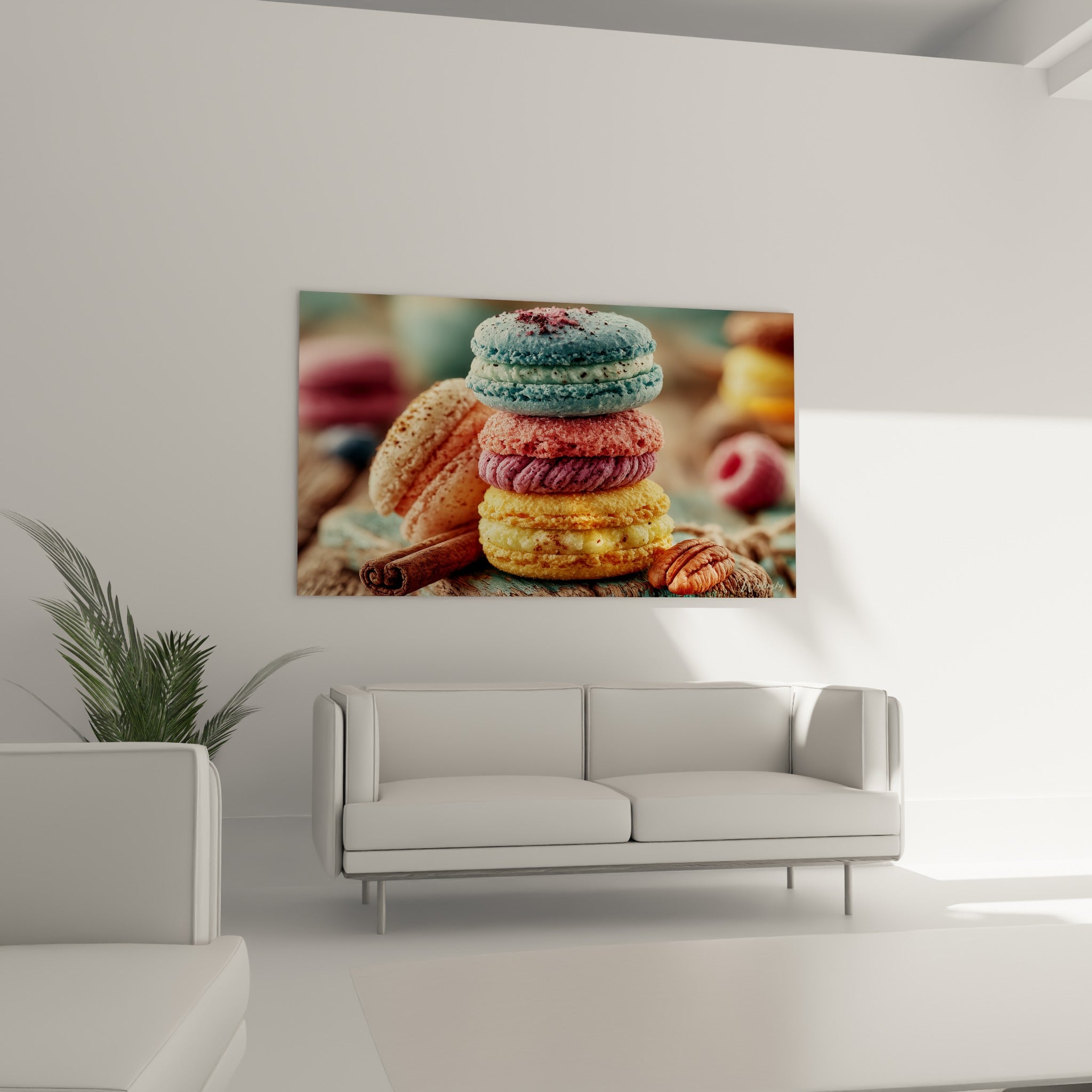Pile de macarons rose et bleu poudré, cannelle en premier plan, au-dessus d'un canapé dans un salon lumineux