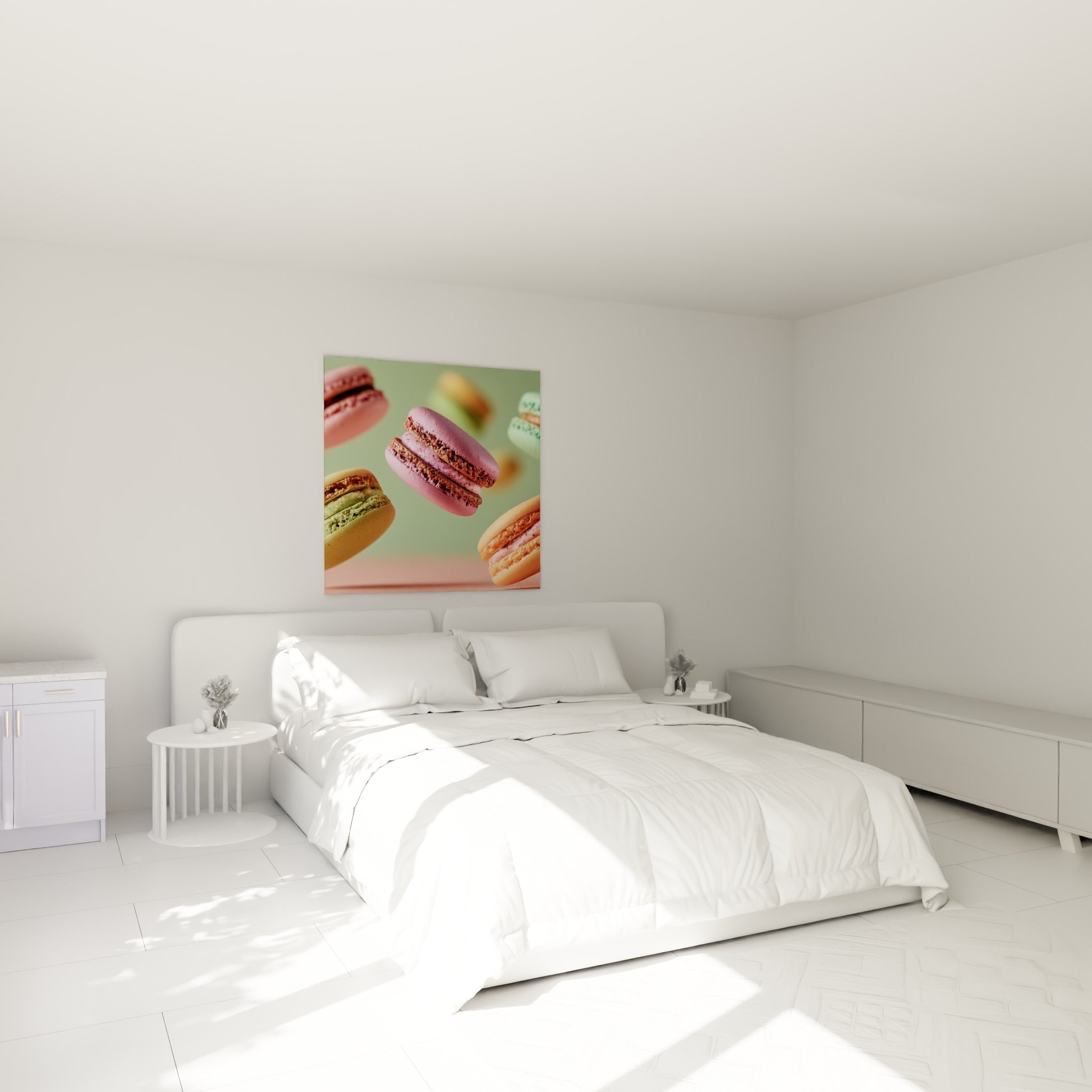 Macarons rose et pistache figés en mouvement, accrochés au-dessus d'un lit dans une chambre claire
