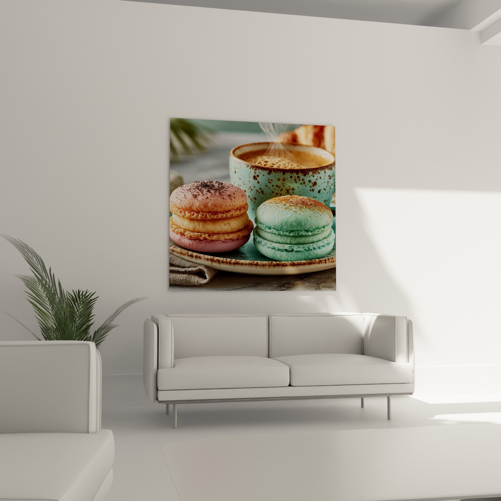 Pâtisseries roses et vertes garnies de poudre dorée, accrochées au-dessus d'un canapé dans un salon lumineux