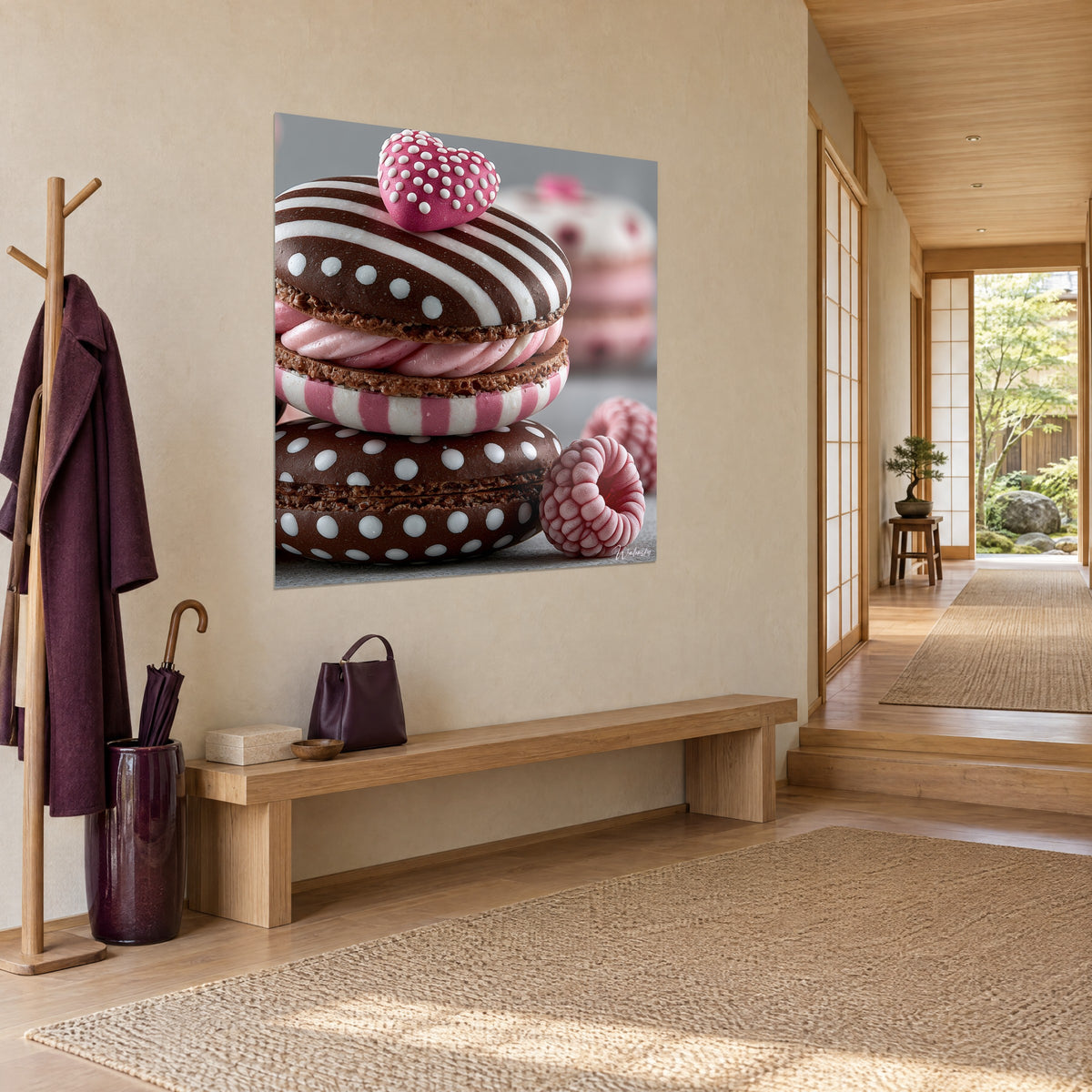 Tableau pâtisserie empilée aux coques brunes pointillées et crème rose torsadée, vue de trois-quarts dans une entrée japandi