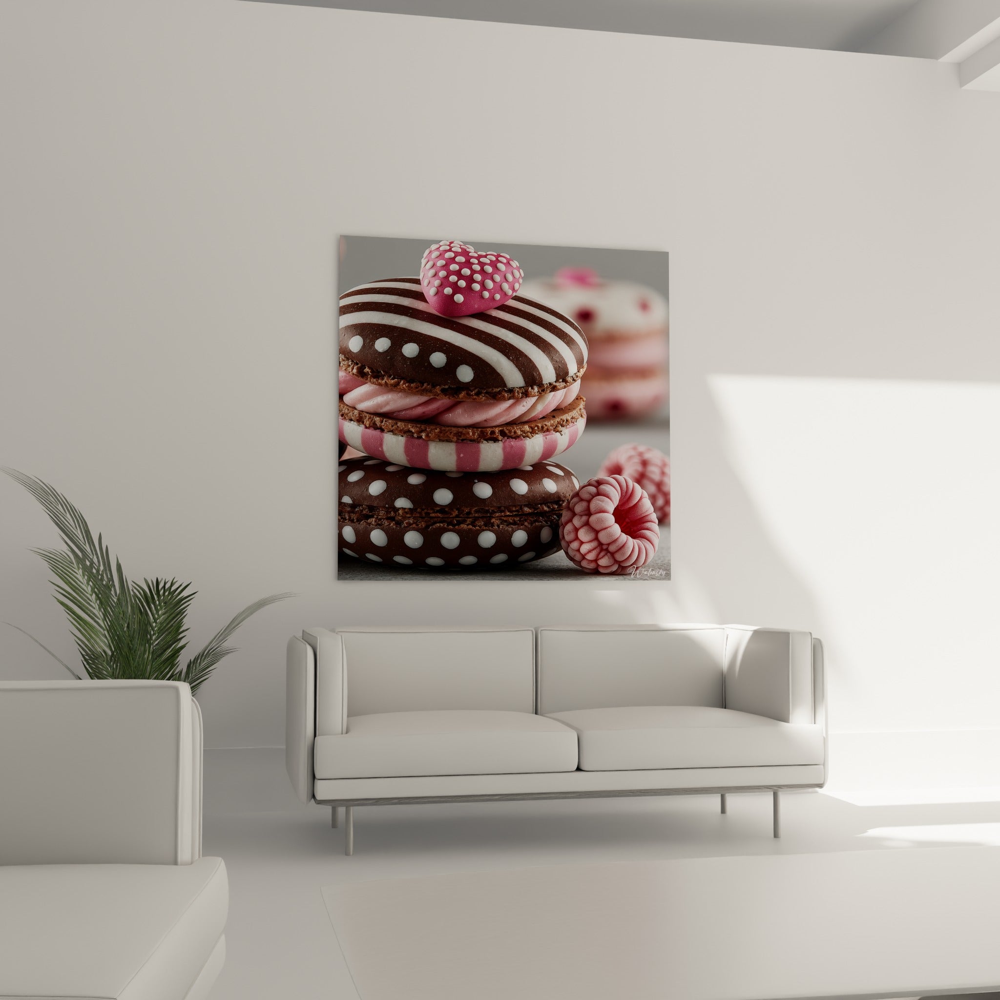 Pâtisserie macaron rose et chocolat à pois suspendue au-dessus d'un canapé dans un salon lumineux