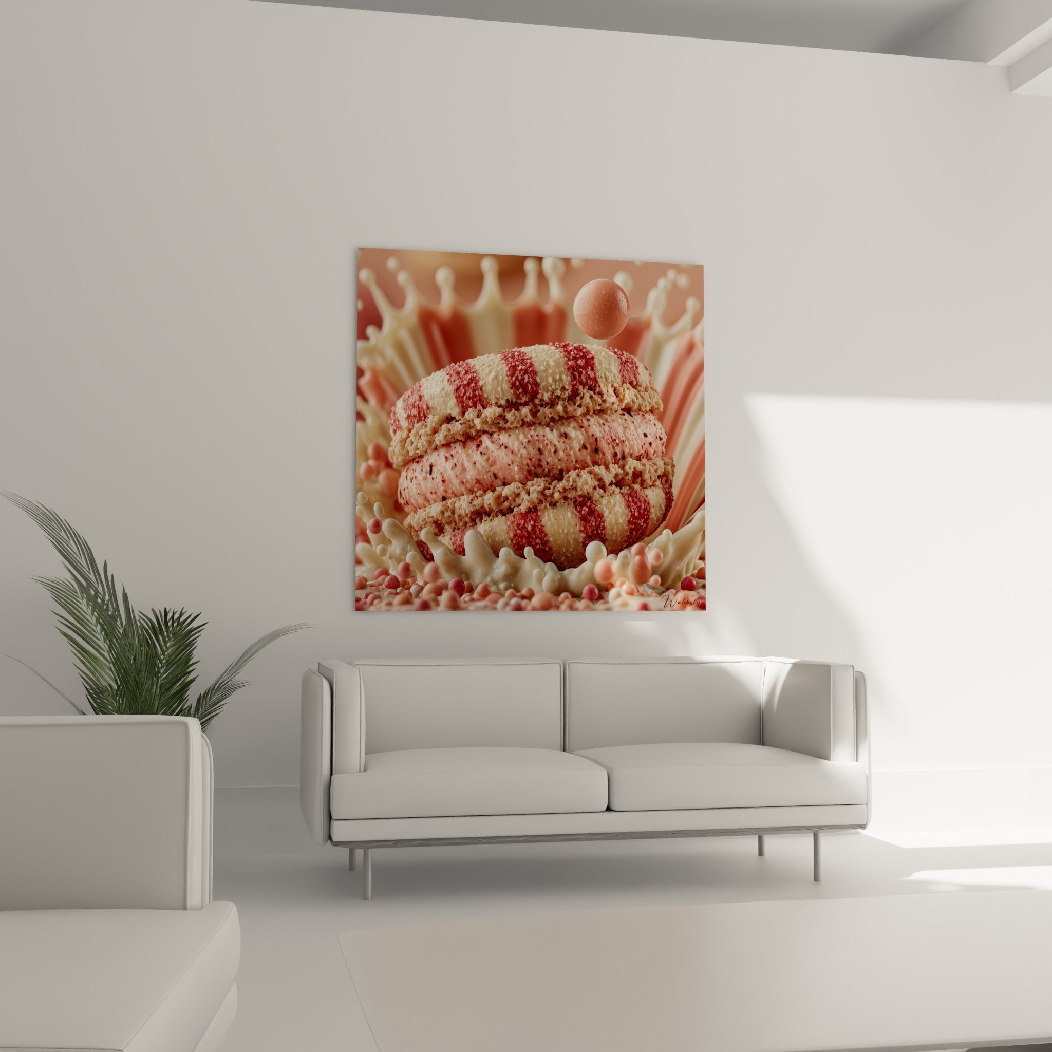 Gourmandise sucrée du macaron rose et terracotta suspendue au-dessus d'un canapé dans un salon lumineux