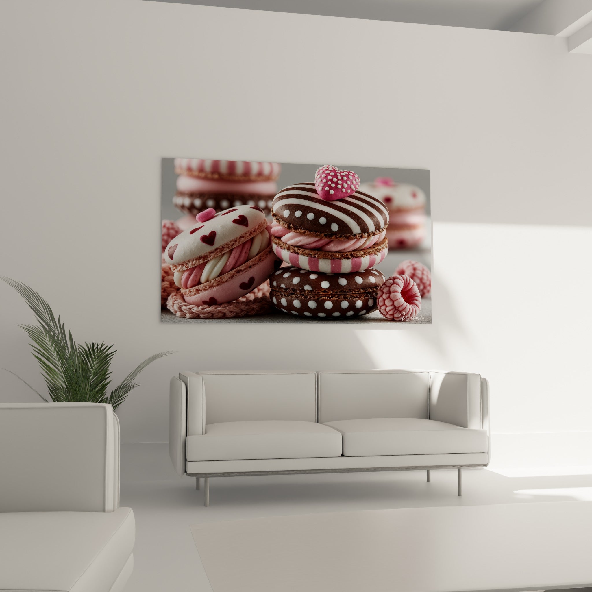 Trois macarons ornés de cœurs et rayures roses et brunes, au-dessus d'un canapé dans un salon lumineux