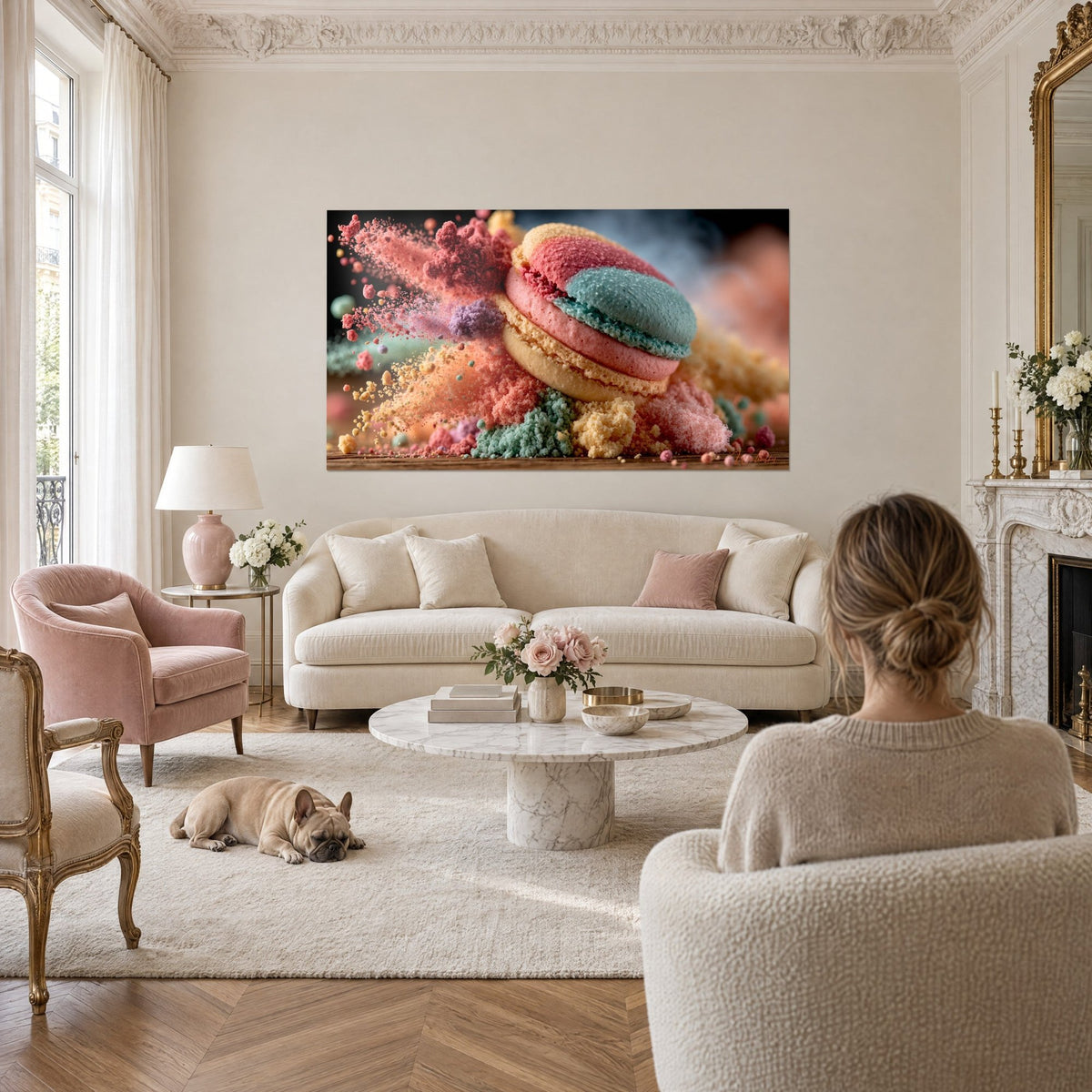 Tableau macaron éclaté en poudre rose et turquoise, femme de dos et bulldog, au-dessus d'un canapé dans un salon lumineux