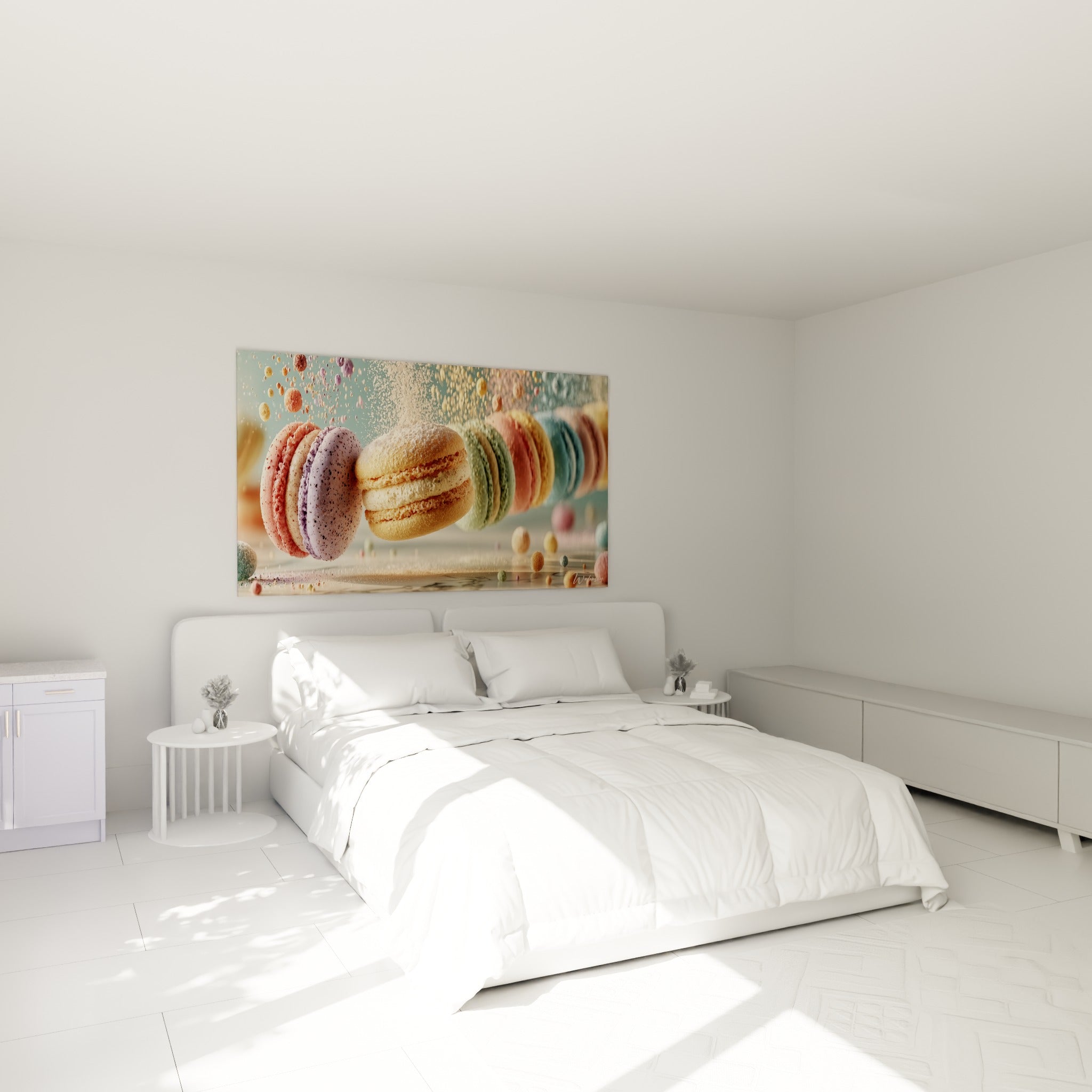 Macarons roses et bleu pastel suspendus au-dessus d'un lit dans une chambre claire
