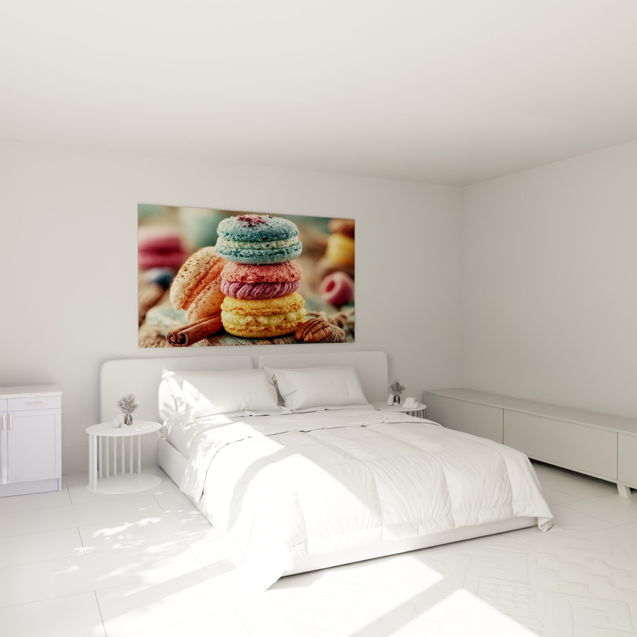 Macarons colorés bleu et jaune, texture granuleuse, au-dessus d'un lit dans une chambre claire