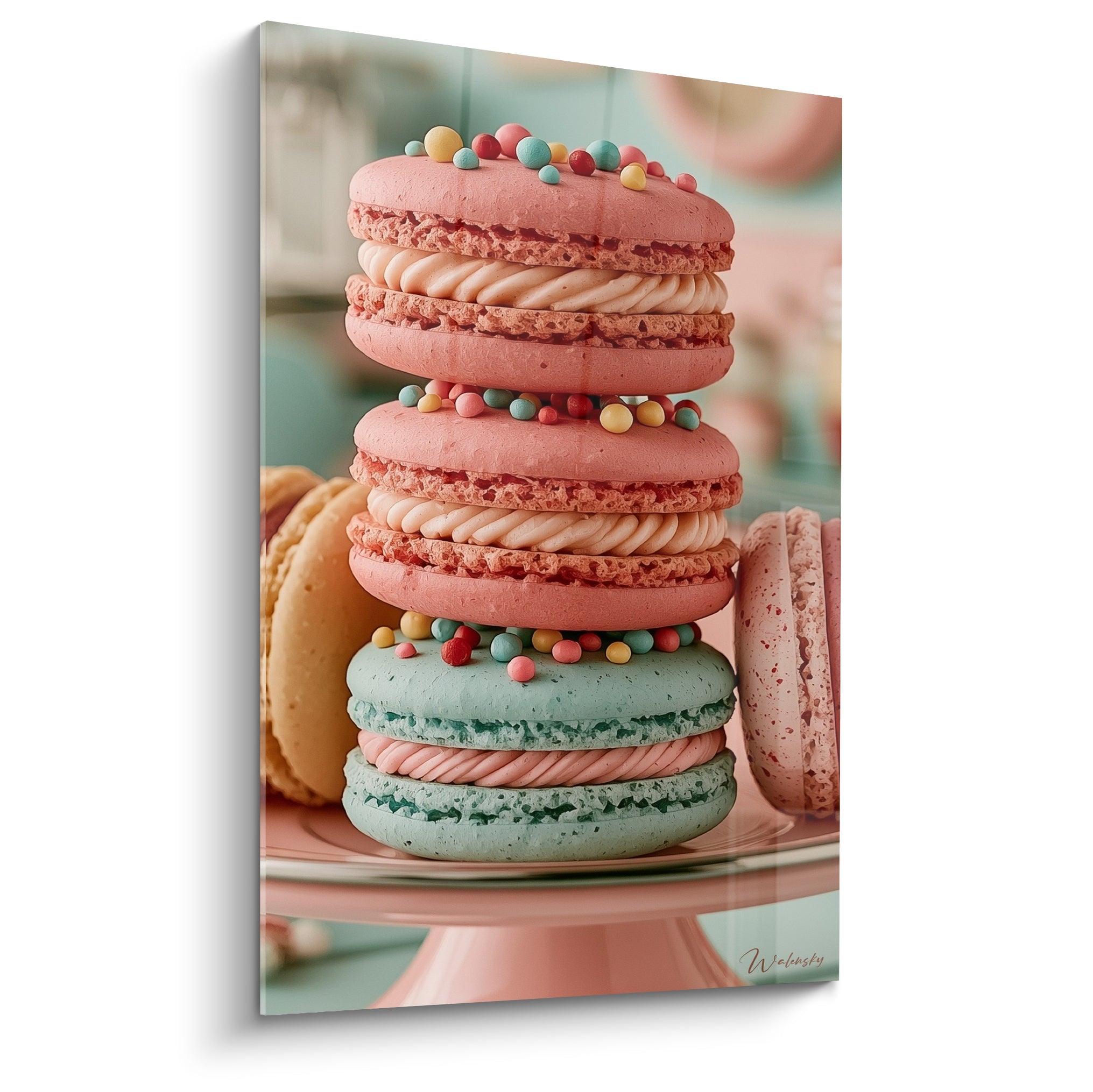 Macarons empilés rose corail et vert menthe, crème torsadée et perles de sucre dorées visibles