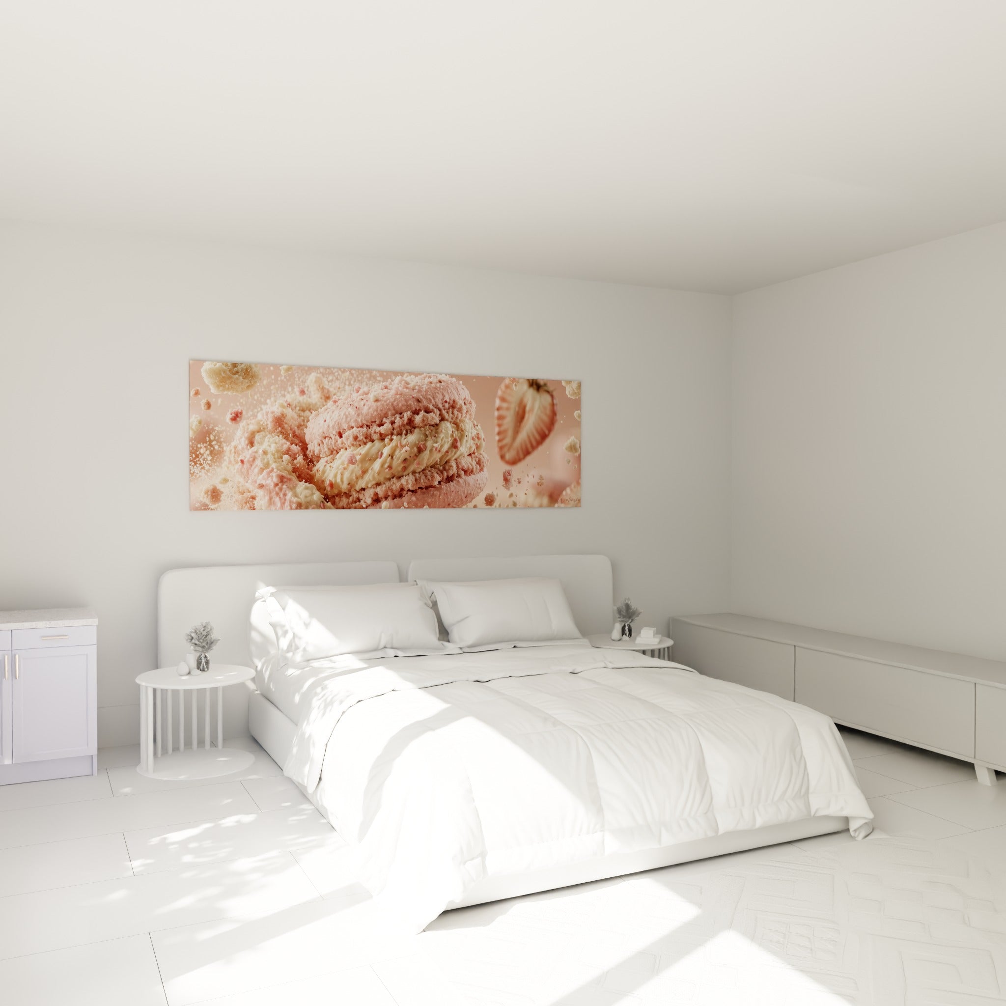 Macaron rose et crème en pleine explosion sucrée, accroché au-dessus d'un lit dans une chambre claire