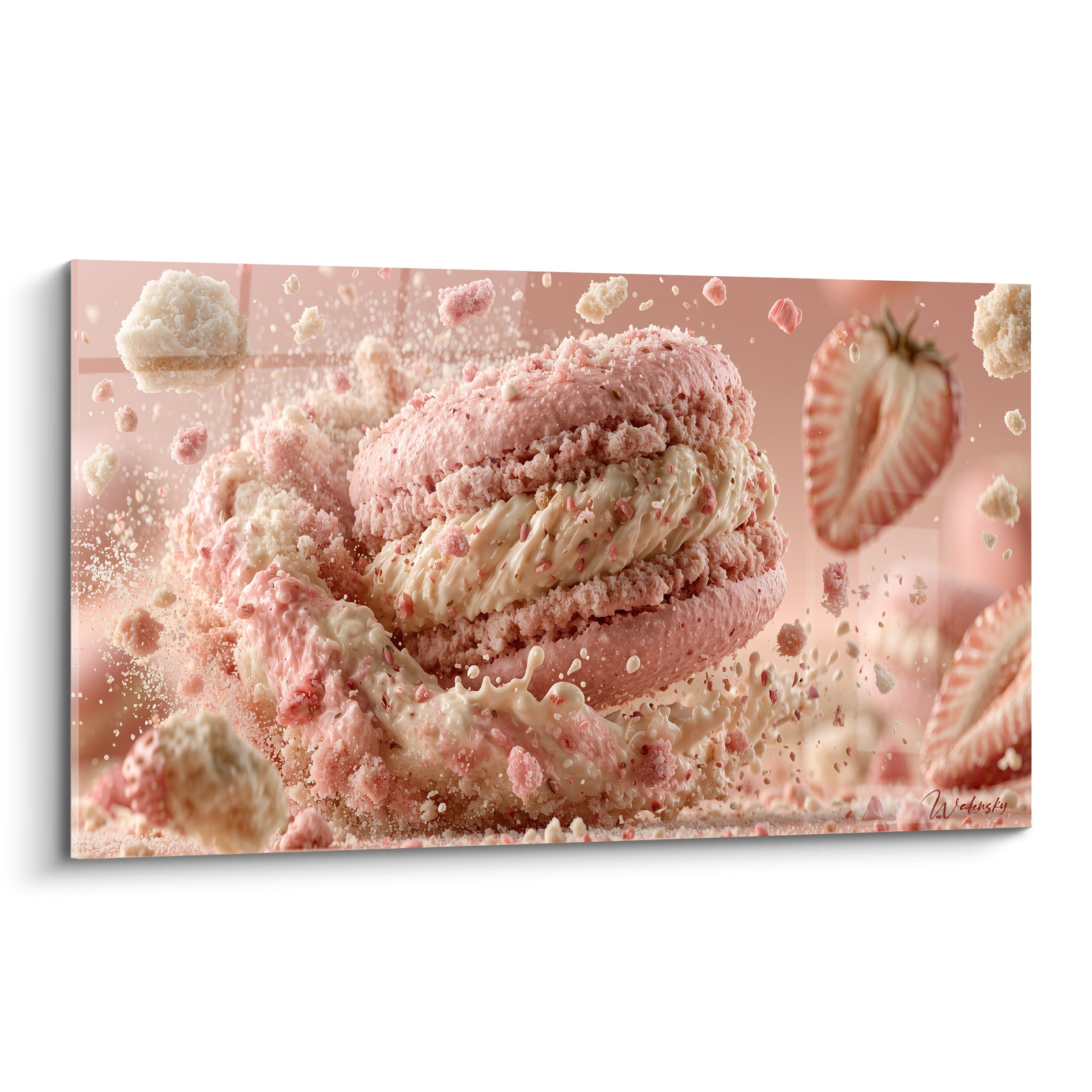 Macaron rose éclaté révélant crème ivoire et fraise dans une explosion figée et lumineuse