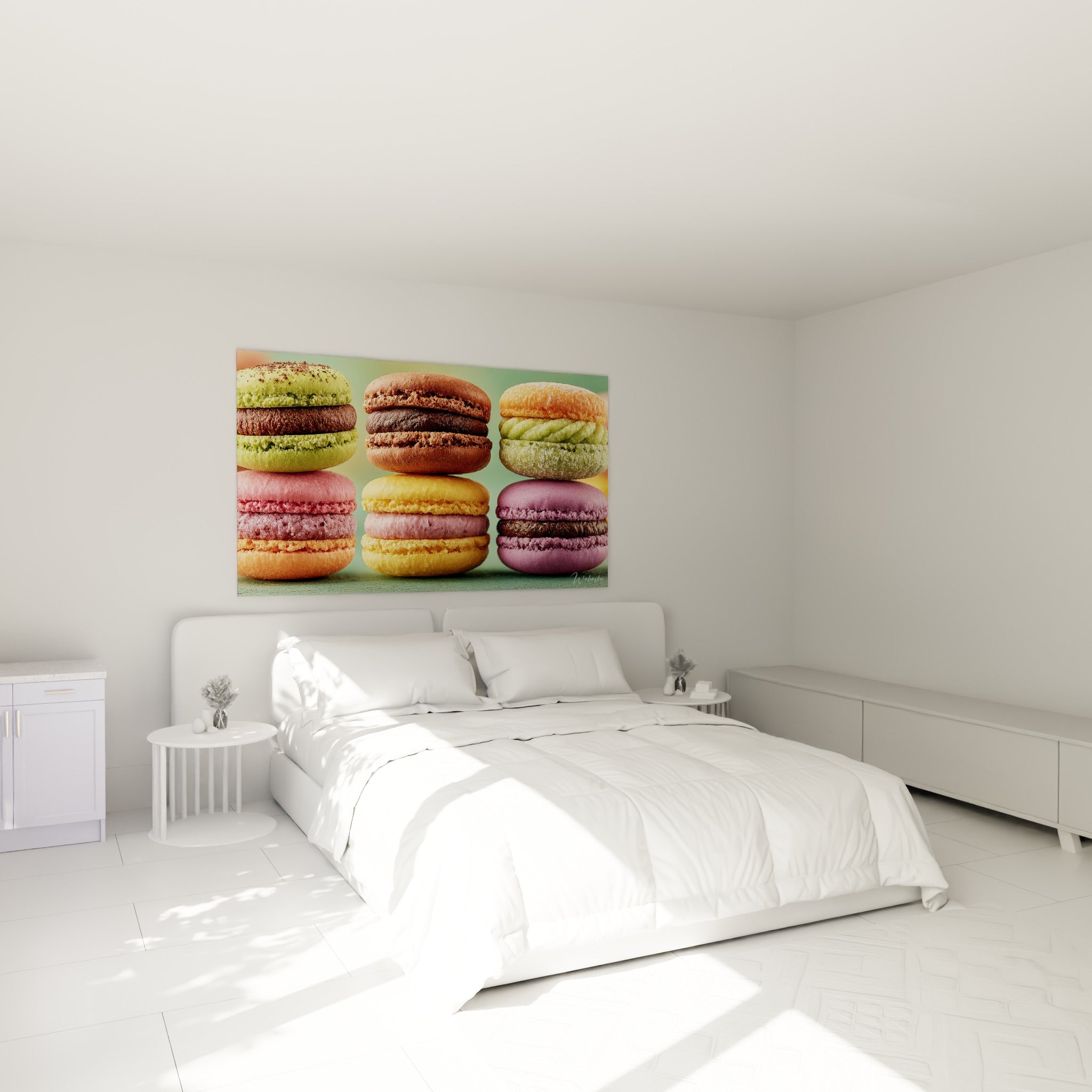 Douceurs sucrées aux couleurs pastel et violettes, tableau macaron au-dessus d'un lit dans une chambre claire