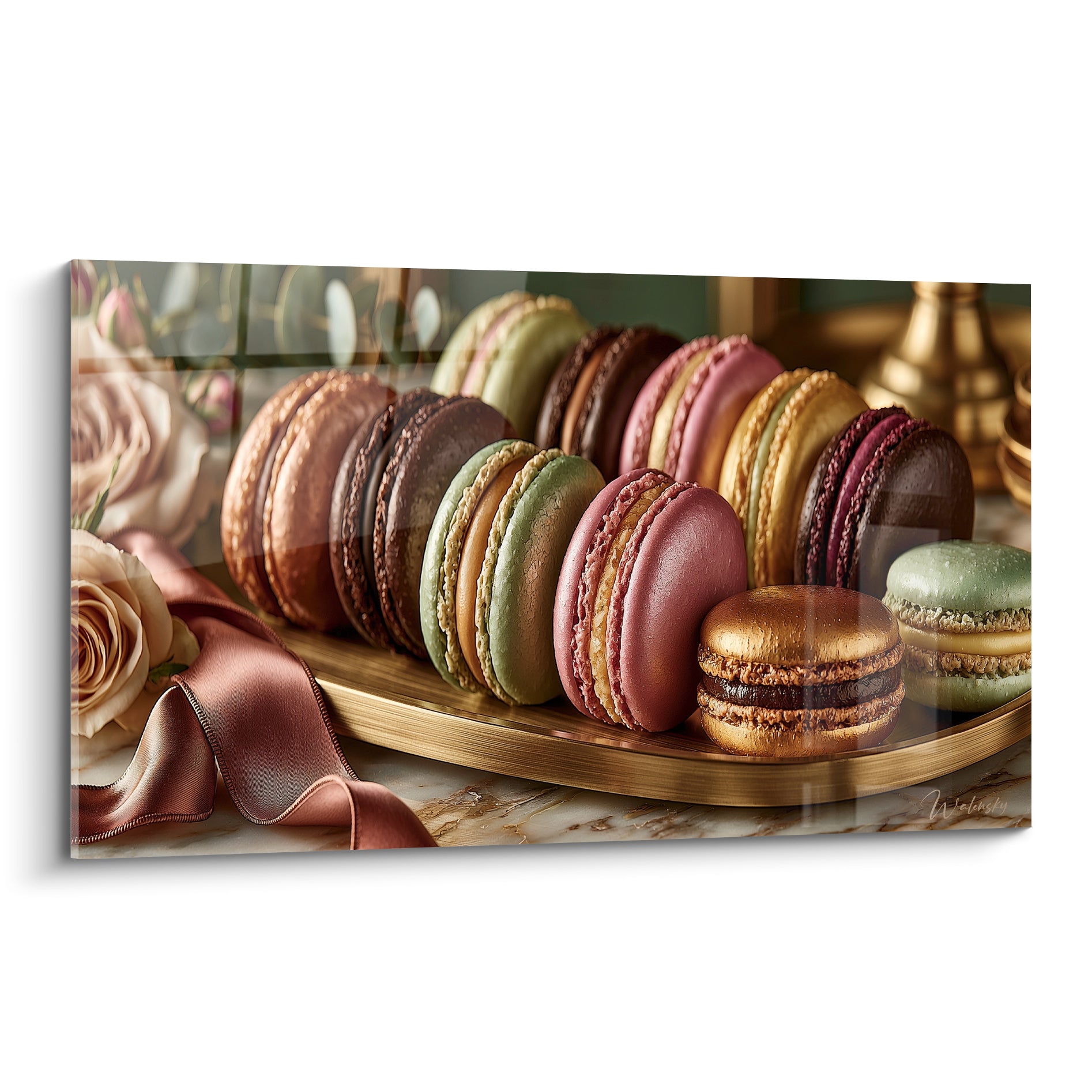 Macarons roses, verts et dorés empilés sur plateau cuivré entouré de roses poudrées