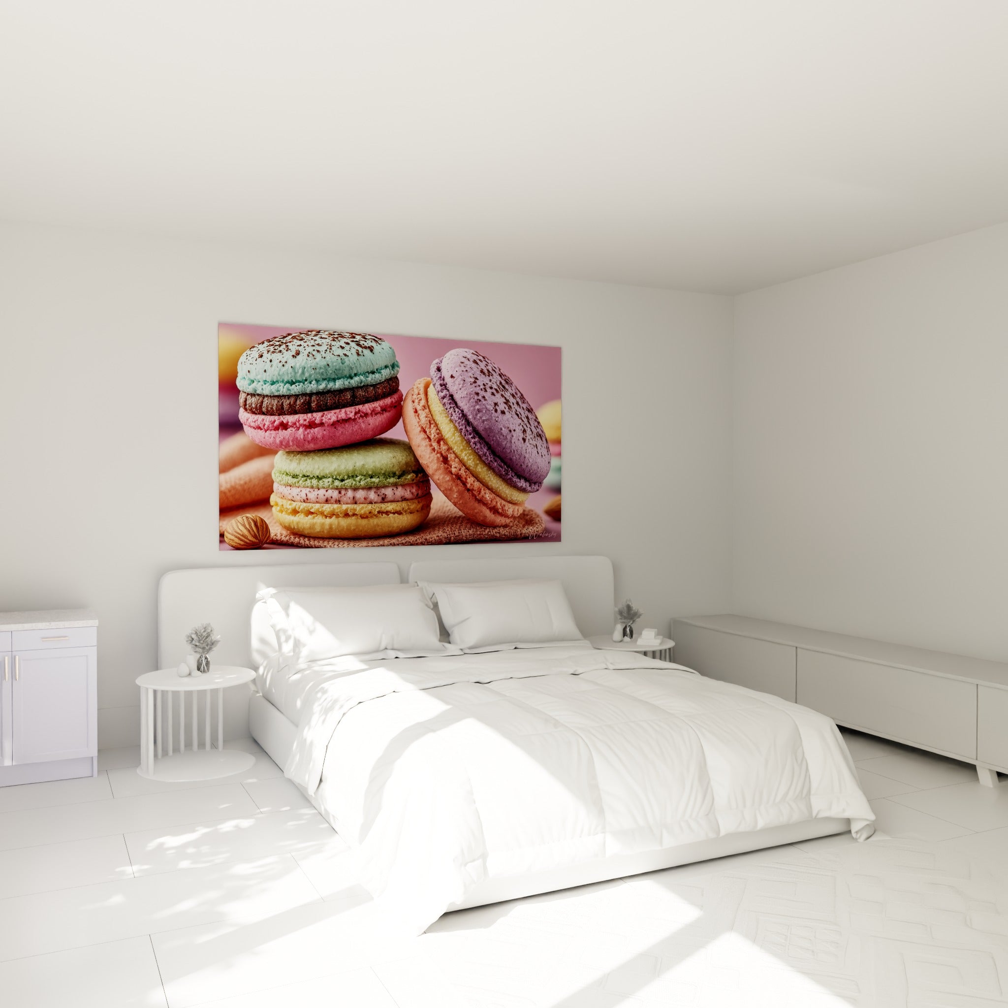 Douceur pâtissière de macarons colorés turquoise et corail au-dessus d'un lit dans une chambre claire