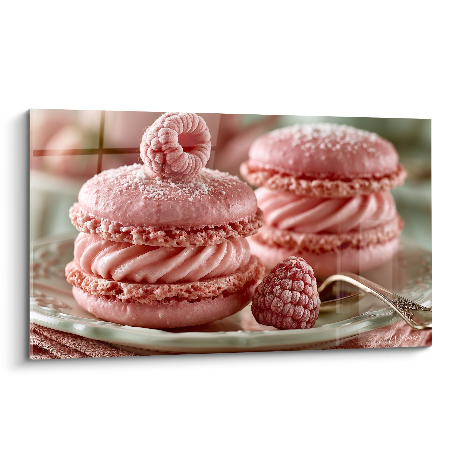 Macaron rose poudré garni de crème vrillée et framboise givrée sur assiette en porcelaine claire