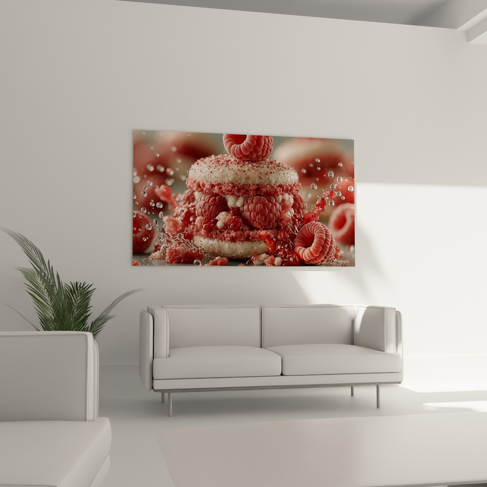 Macaron rouge framboise et rose poudré débordant de fruits, suspendu au-dessus d'un canapé dans un salon lumineux