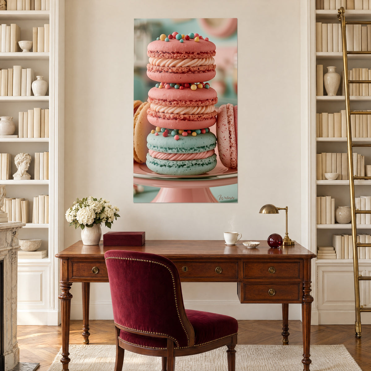 Cuadro de pila de macarons coral y menta sobre expositor rosa, perlas amarillas y rojas, en la pared de un despacho entre dos estanterías