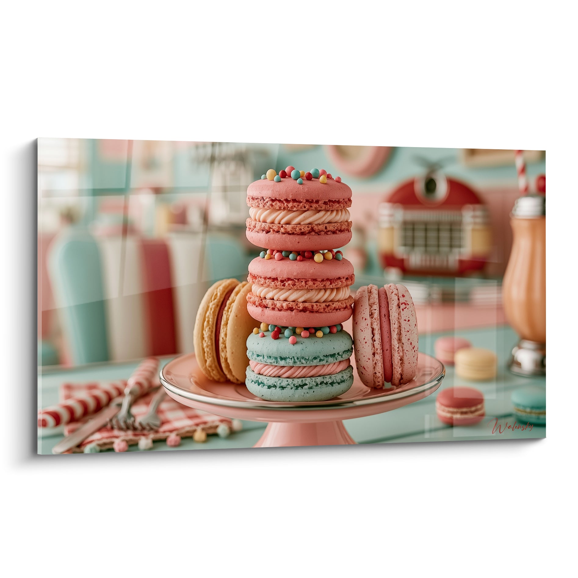 Macarons roses, menthe et jaune empilés sur présentoir rose, décor de diner flouté en fond