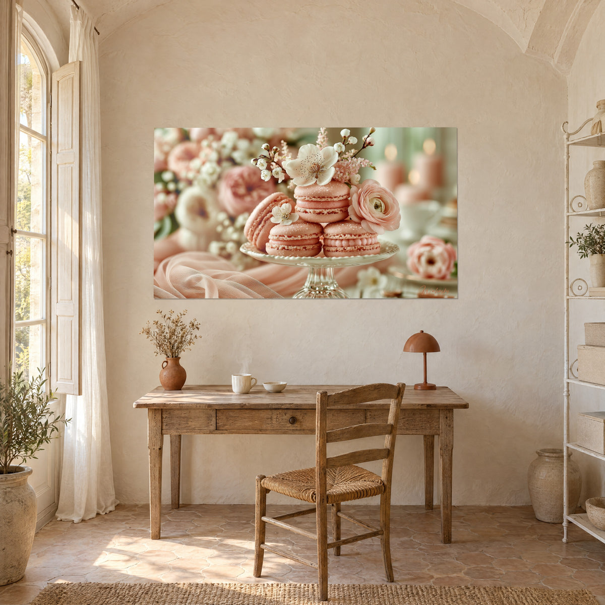 Schilderij met tere macarons en crèmekleurige pioenrozen op een zachte, wazige groene achtergrond, hangend boven een bureau van licht hout, Provençaalse mas