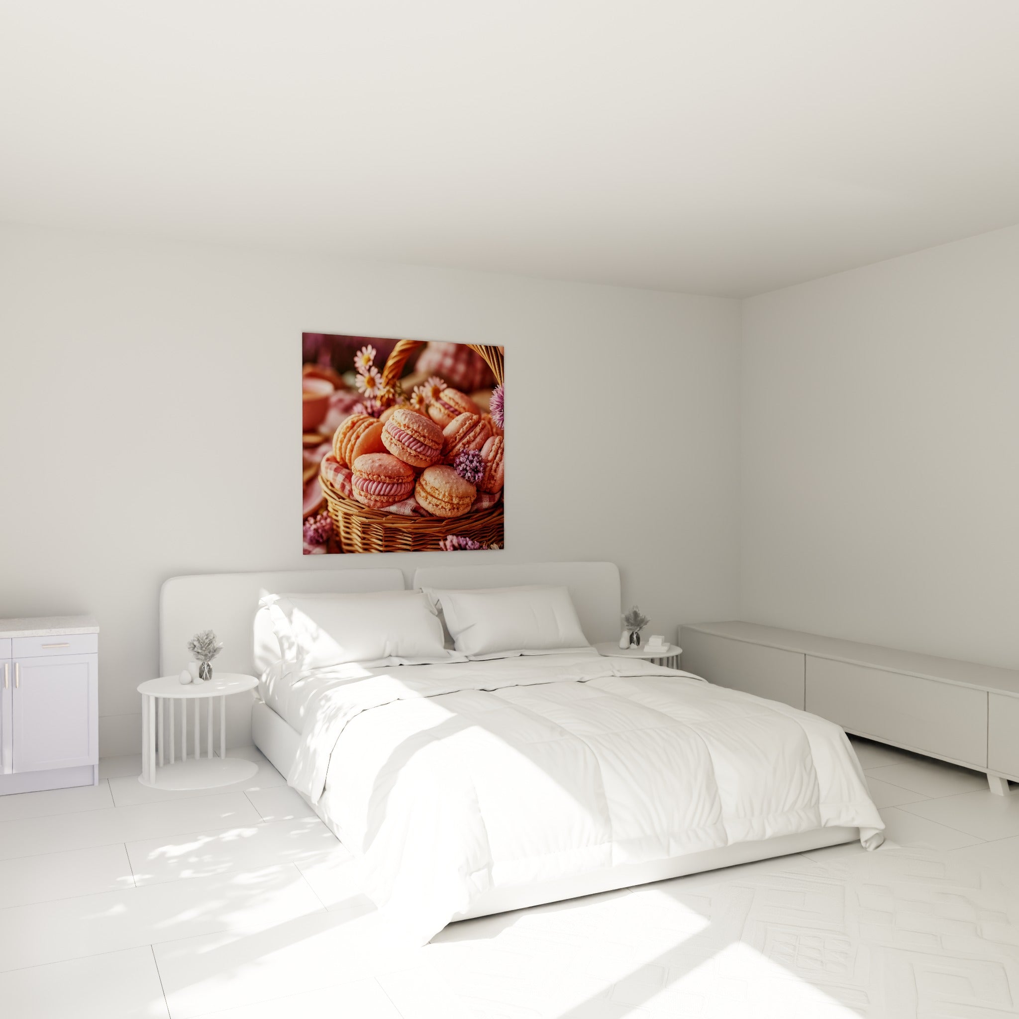 Macarons pêche et ganache rose dans un panier tressé, accrochés au-dessus d'un lit dans une chambre claire